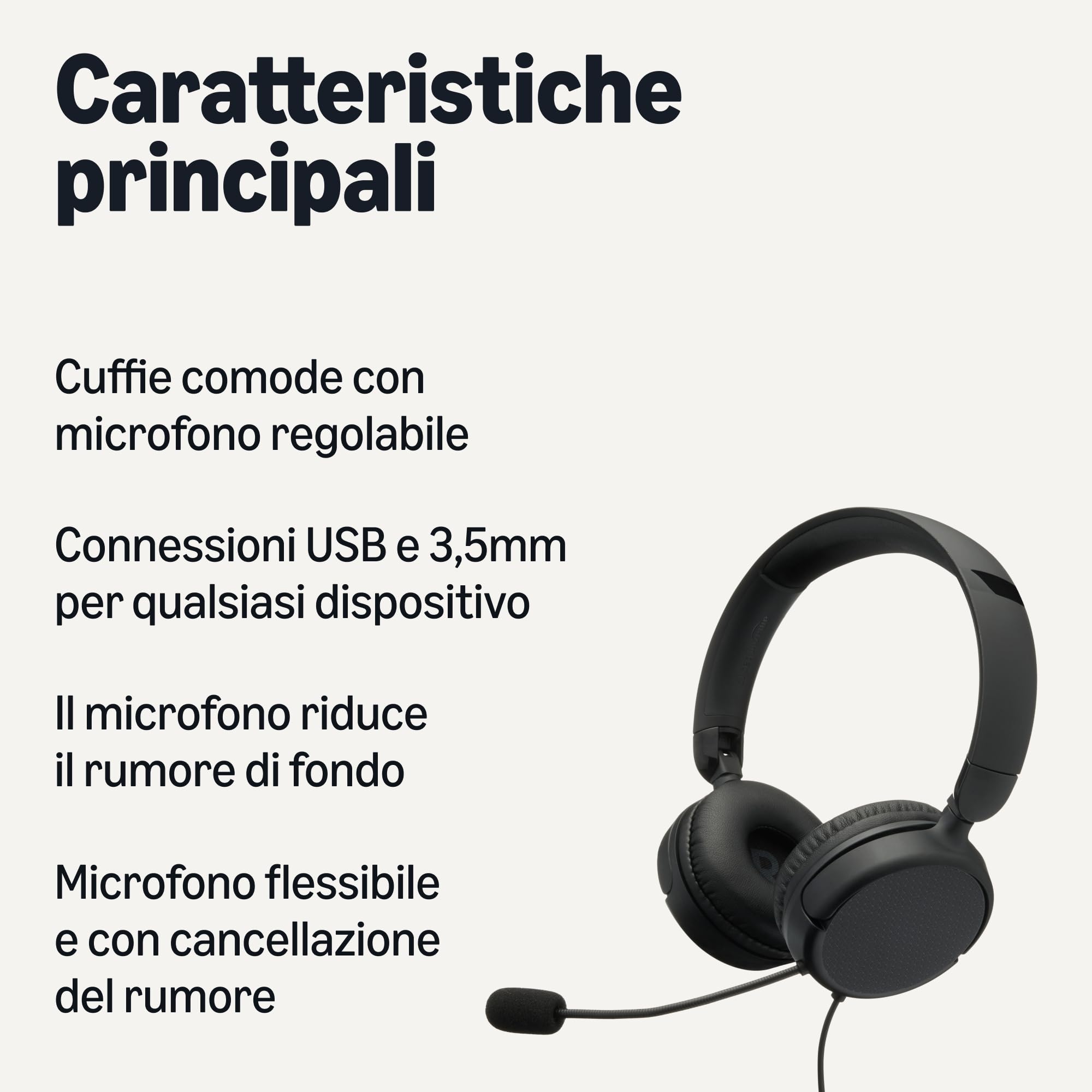 Amazon Basics Cuffie Cablate con Microfono Nere USB 3,5 mm