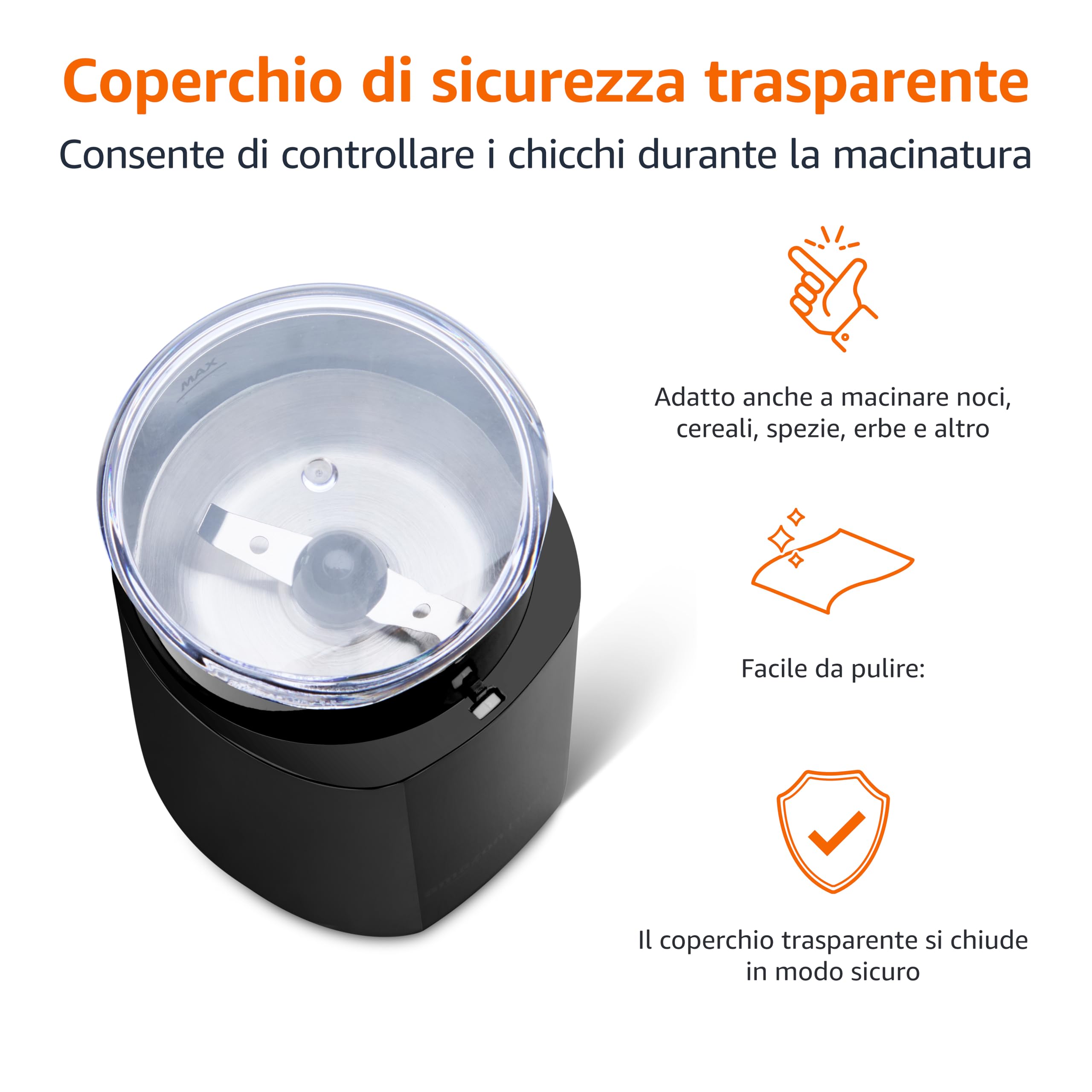 Amazon Basics Macinacaffè Elettrico Nero 30 g Lama Inox