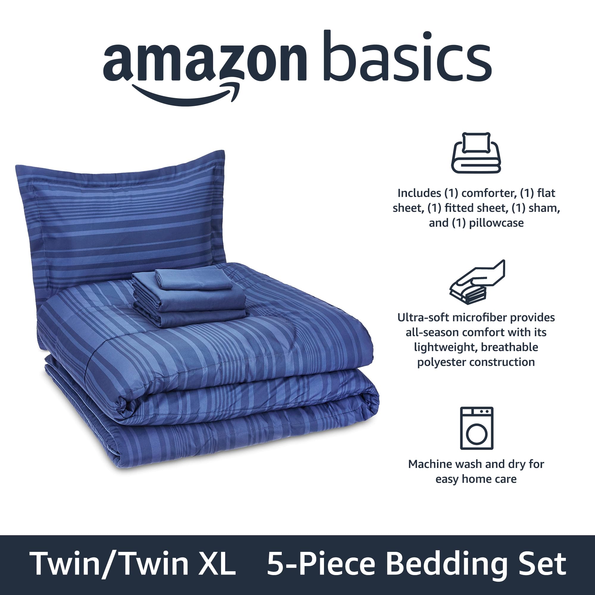 AmazonBasics Set Letto 5 Pezzi Piazza e Mezza Righe Blu Microfibra