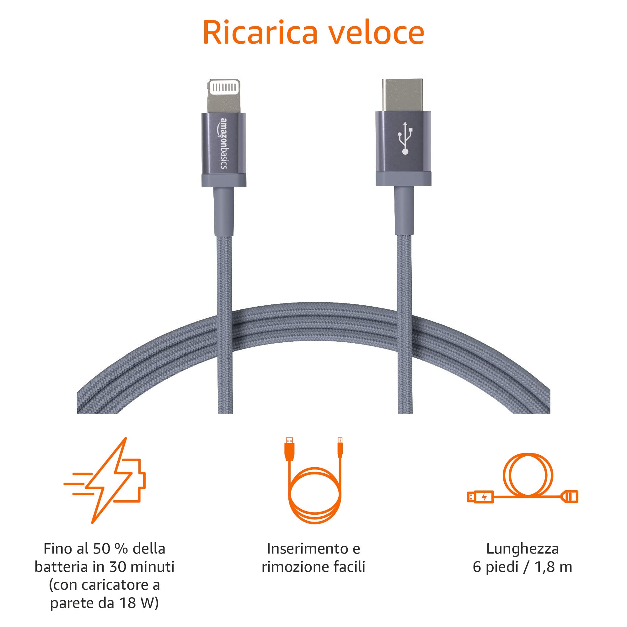Amazon Basics Cavo USB-C Lightning 1,8 m Grigio Scuro MFi