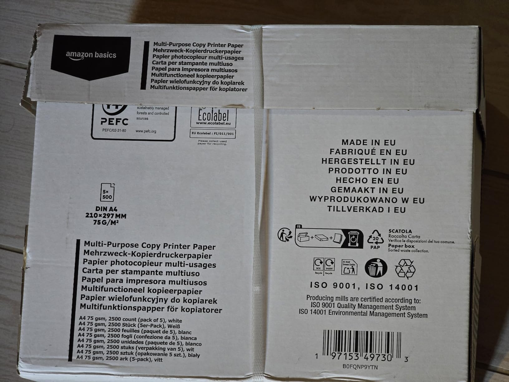 Amazon Basics carta A4 75 g/mq bianca 2500 fogli 5 risme