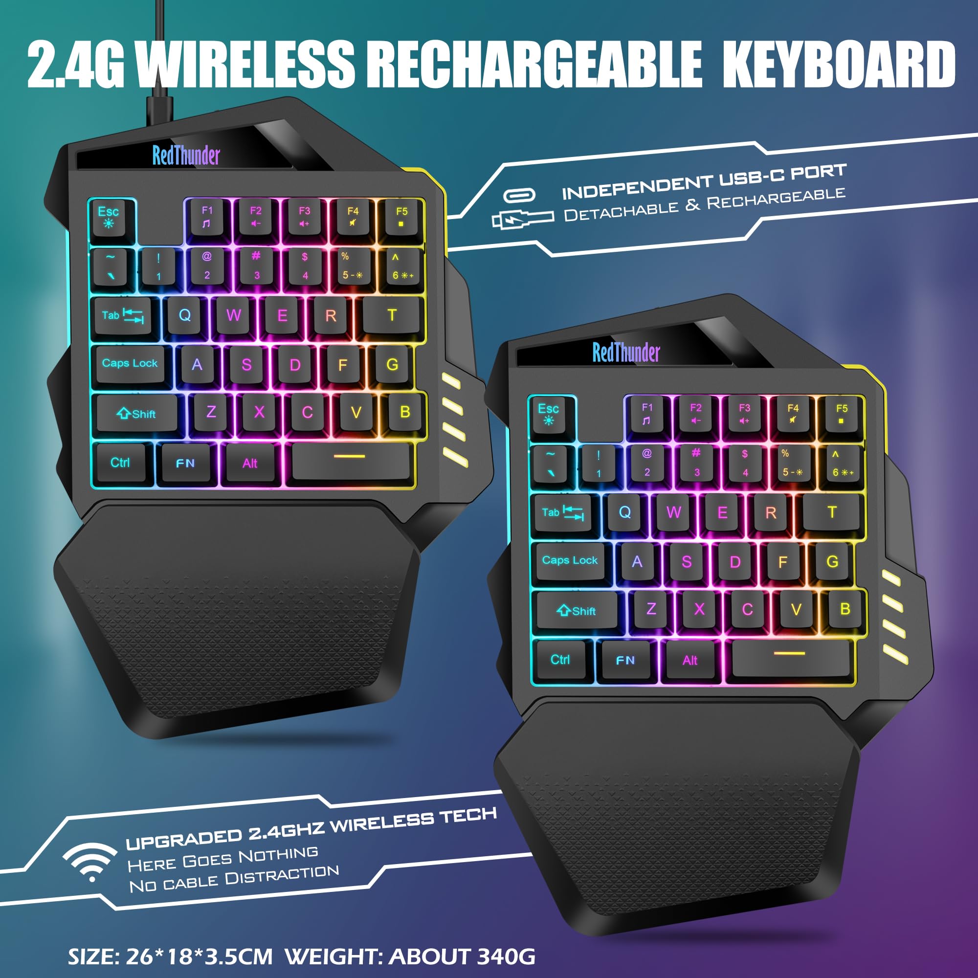 RedThunder G60 Tastiera Gaming a Una Mano Wireless Nera RGB