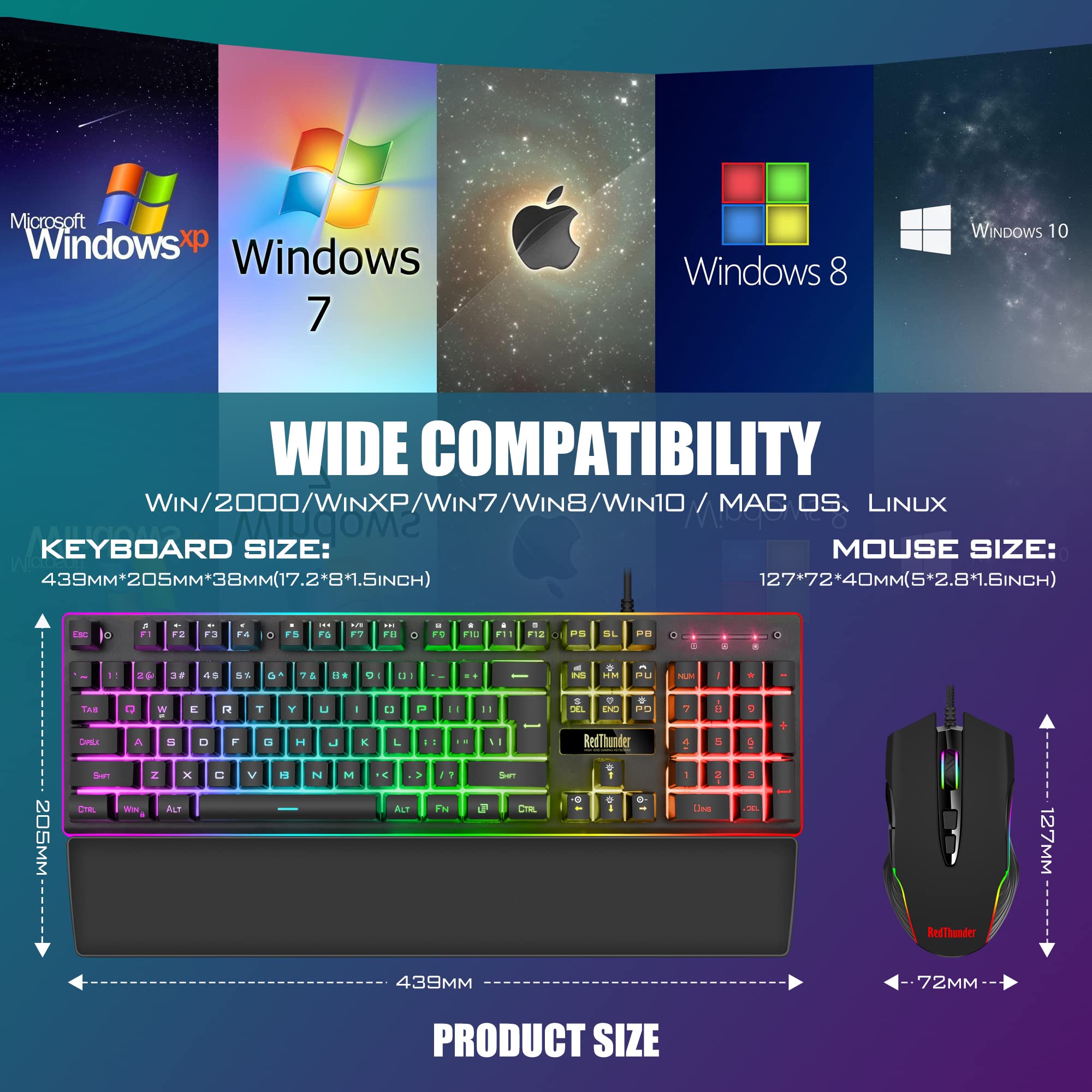 RedThunder K10 Combo Tastiera e Mouse Cablati RGB con Poggiapolsi