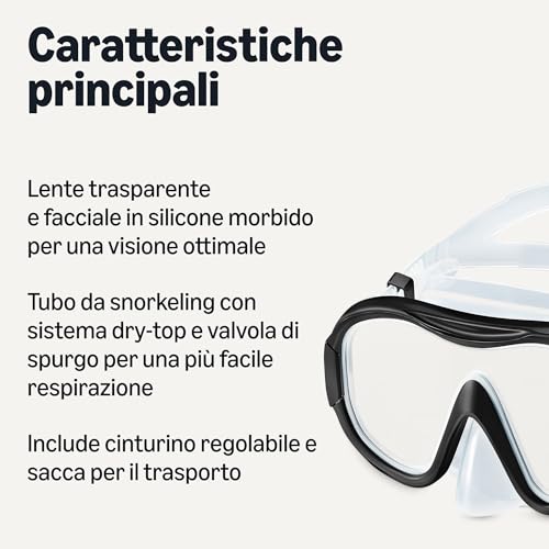 Amazon Basics Set Maschera Snorkeling Adulti Nero con Borsa Silicone