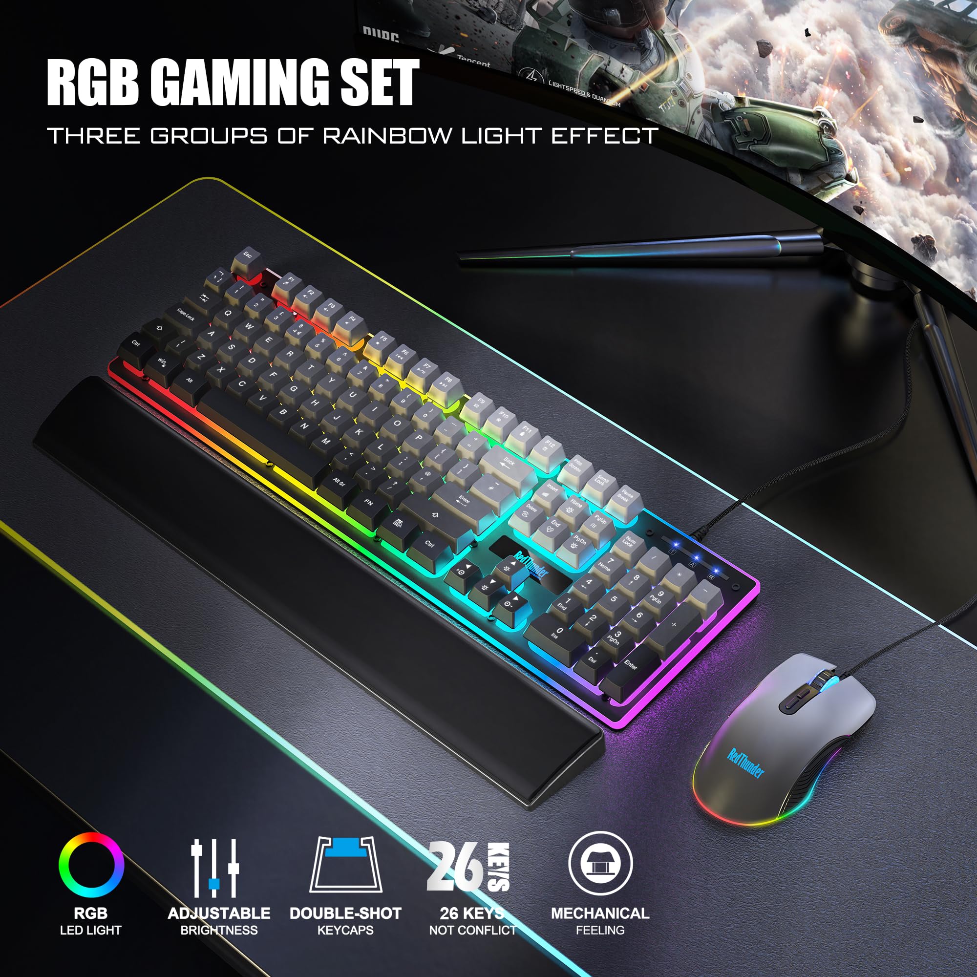 RedThunder K10 Kit Tastiera e Mouse Gaming Grigio Sfumato