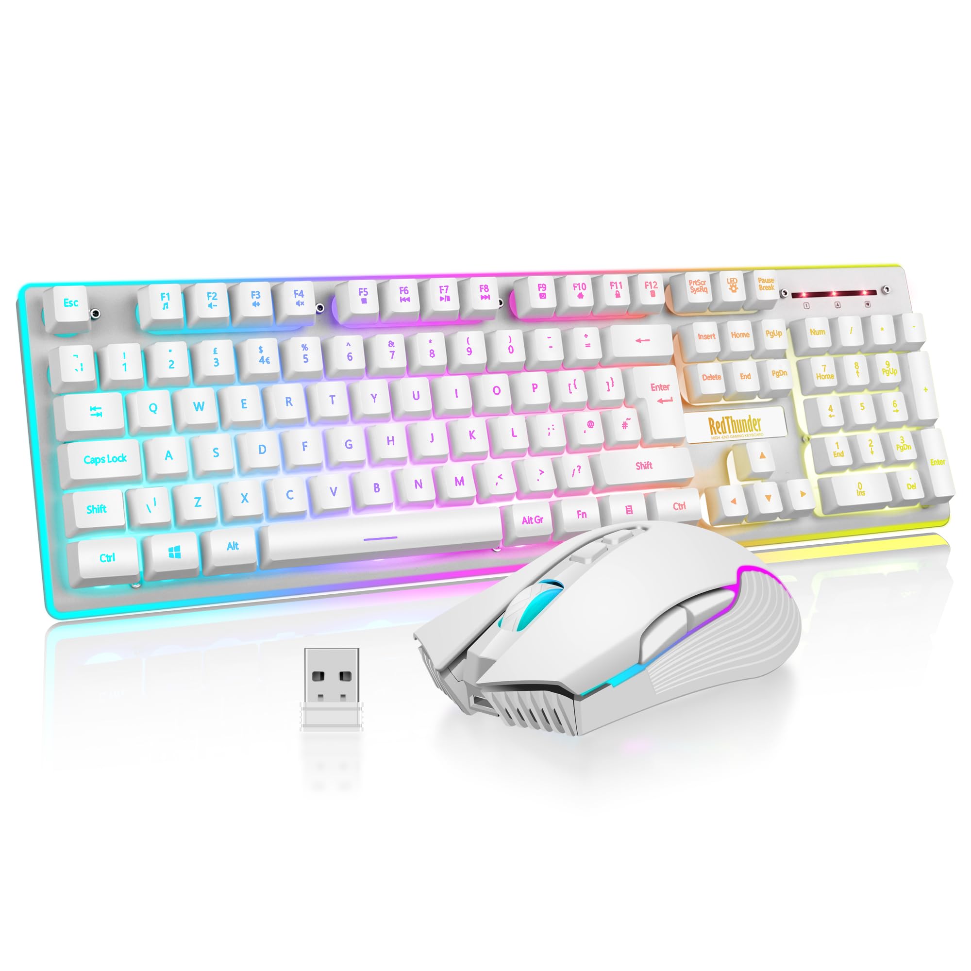 RedThunder K10 Combo Tastiera e Mouse Wireless Bianco LED