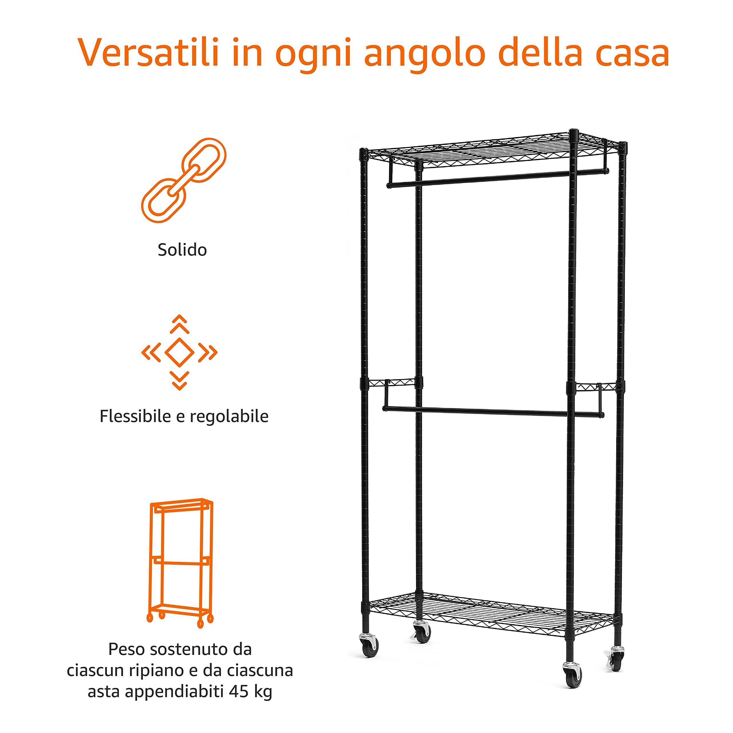 AmazonBasics Stand Appendiabiti Doppia Barra Nero con Rotelle