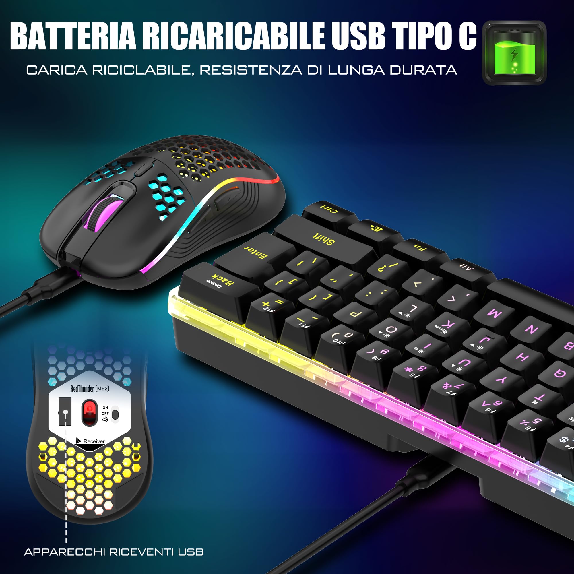RedThunder K62 kit tastiera e mouse gaming wireless nero RGB