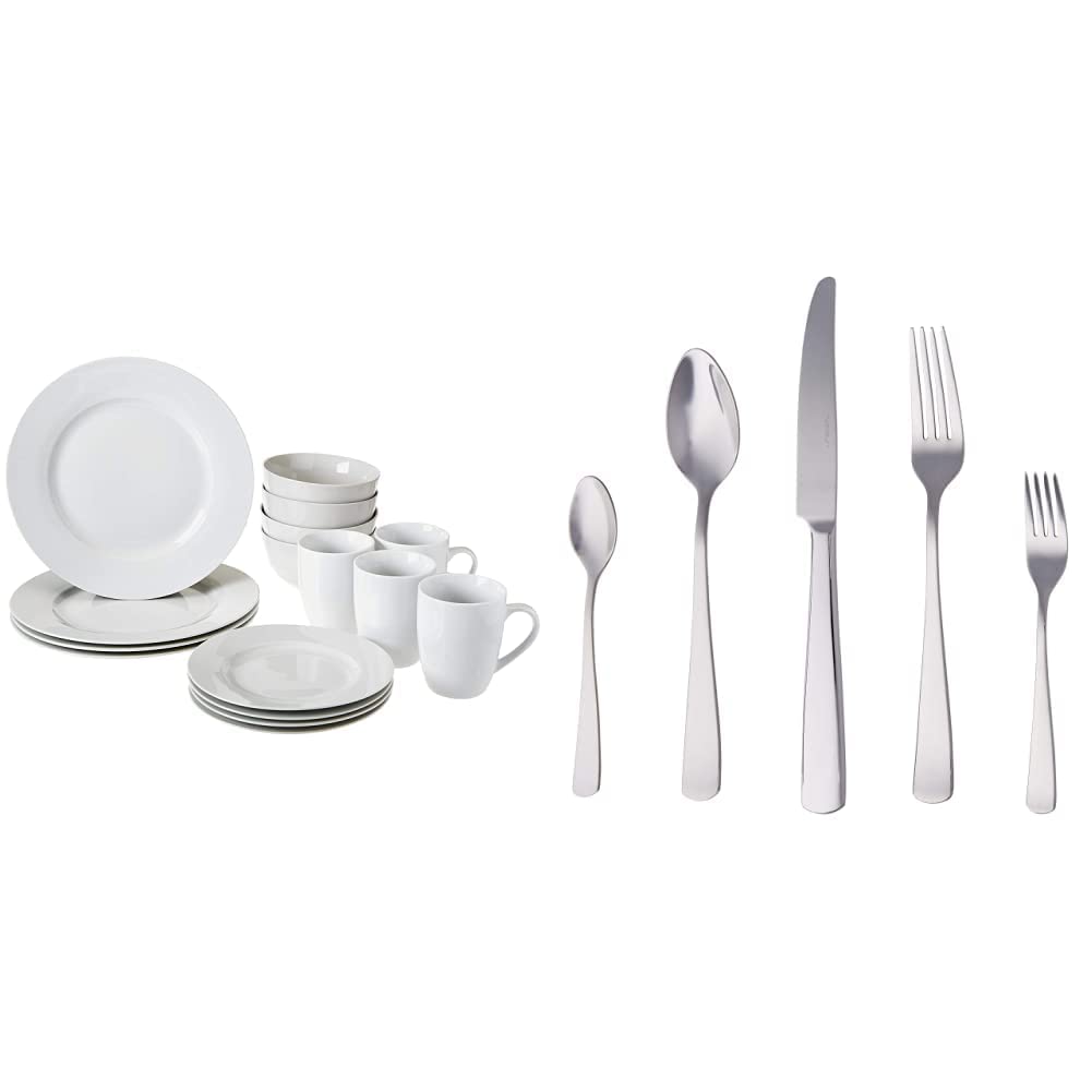 Amazon Basics Servizio Tavola 16 Piatti + 20 Posate per 4 Bianco