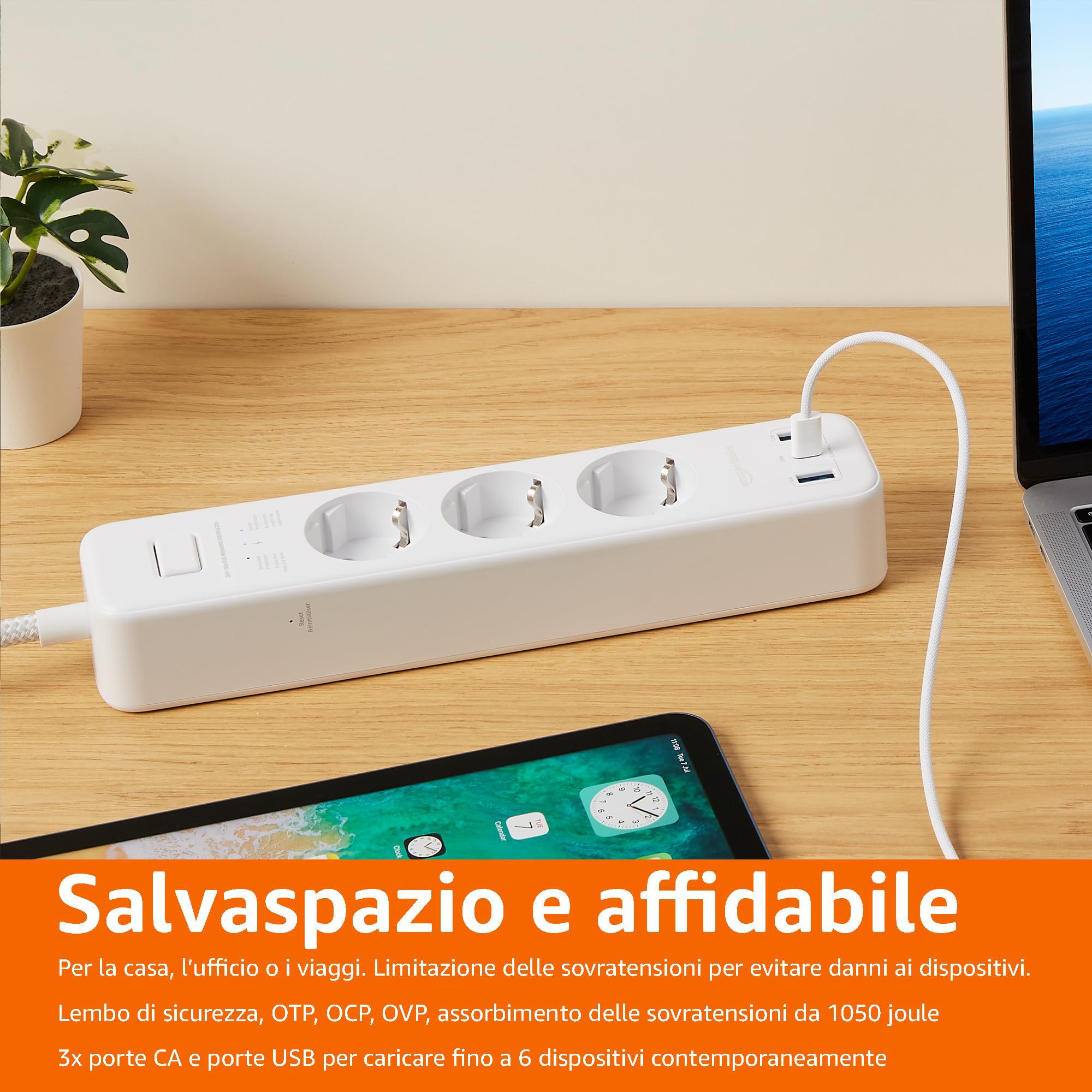Amazon Basics multipresa 3 vie USB-C ciabatta 1,5m bianco 1050J