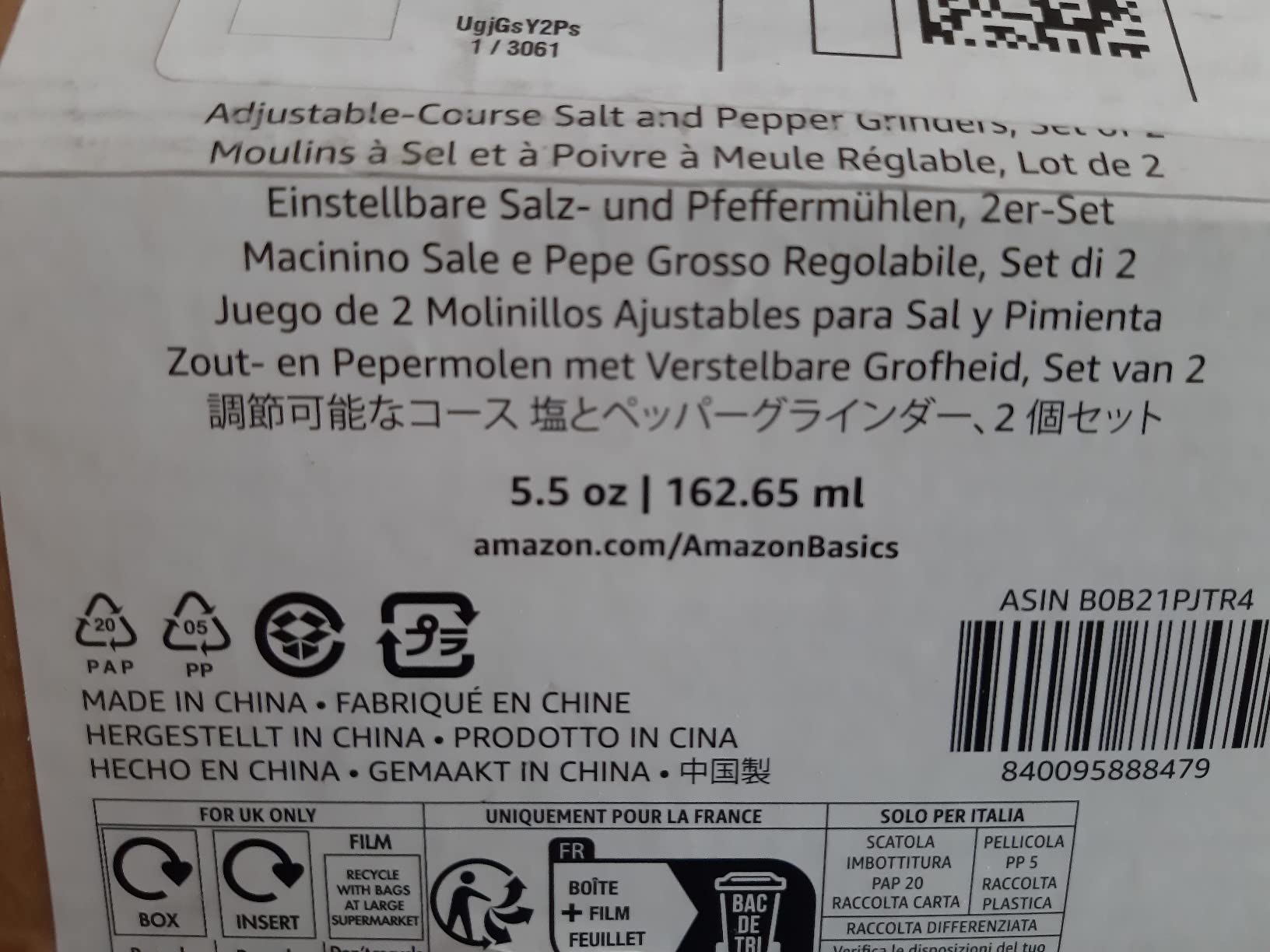 Amazon Basics Set 2 Macinasale e Macinapepe Vetro 155 g Ceramica
