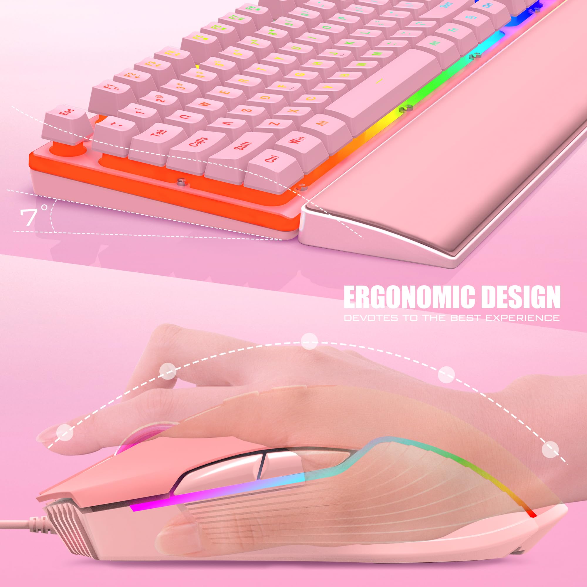 RedThunder K10 Combo Tastiera Mouse Gaming RGB Rosa