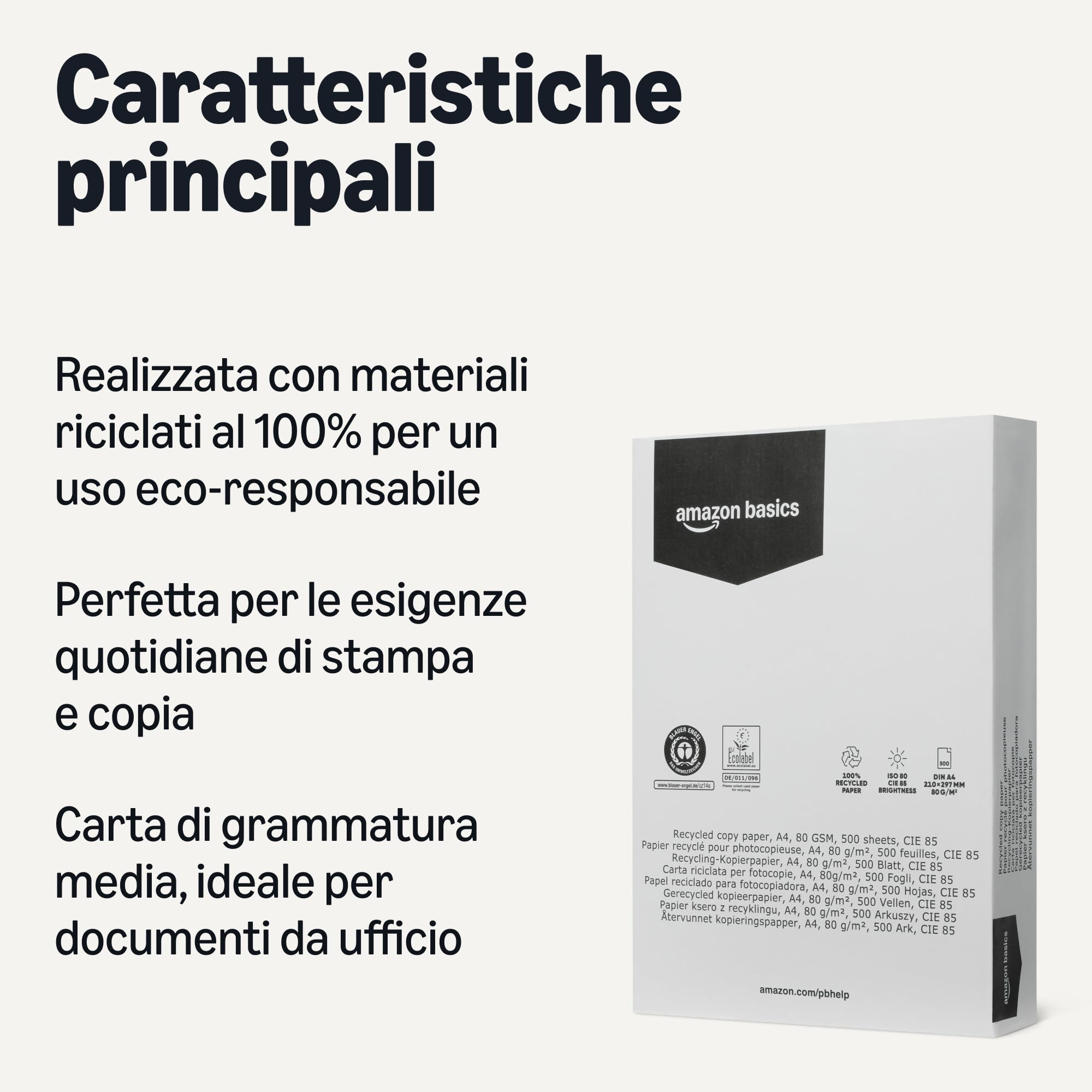 AmazonBasics Carta fotocopie A4 80gsm riciclata 2500 fogli