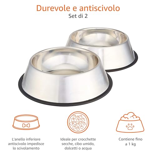Amazon Basics Ciotola Cane Acciaio Inox 1000ml Confezione 2 Pezzi