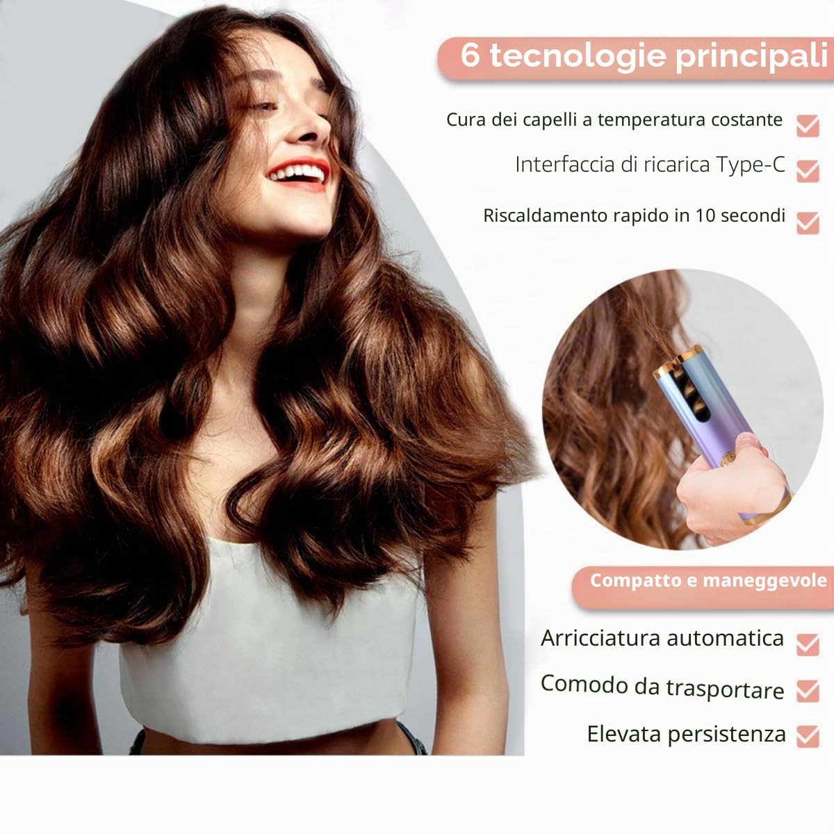EMEBAY Ferro Arricciacapelli Automatico Senza Fili Ceramica USB