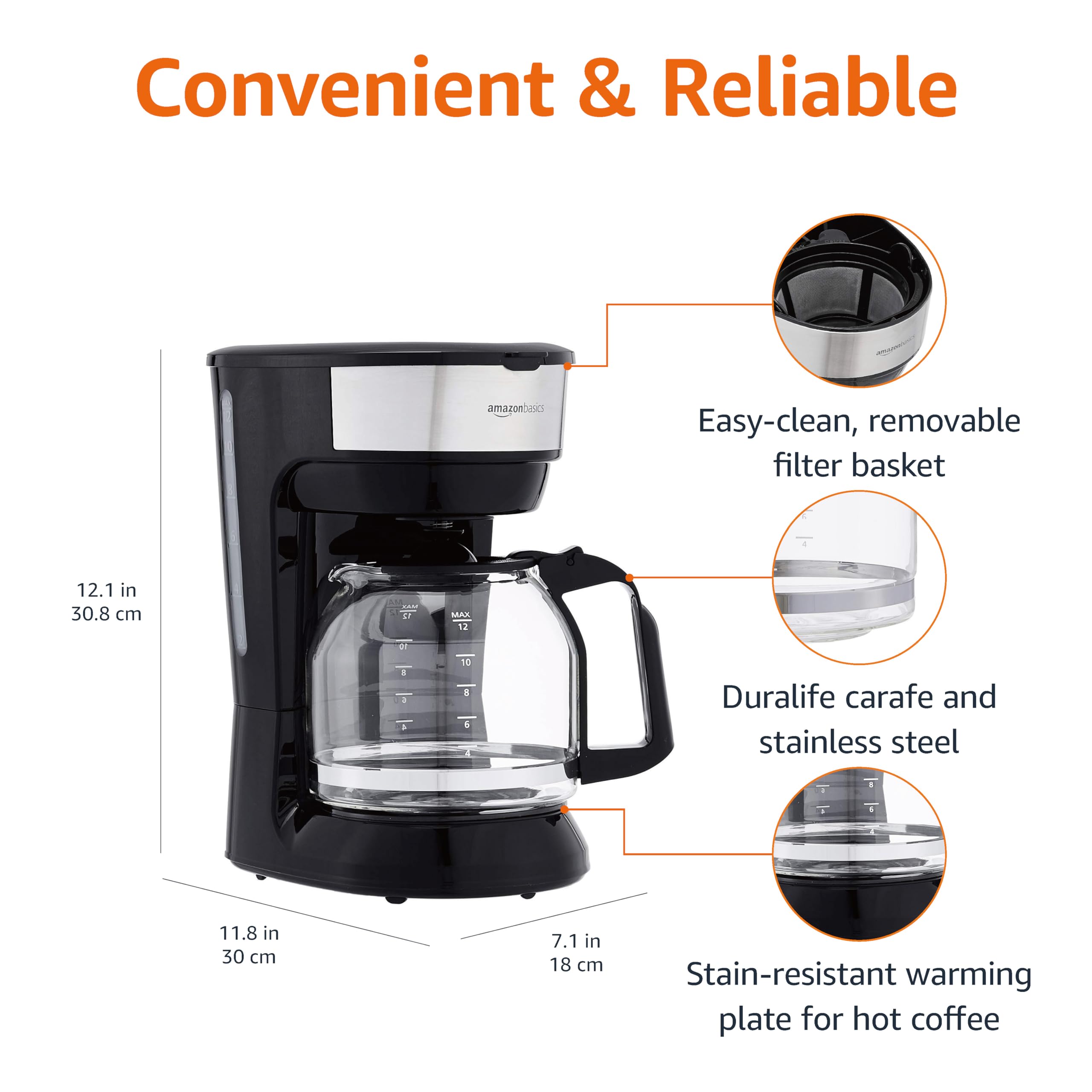 Amazon Basics Caffettiera 12 Tazze Acciaio Nero Filtro