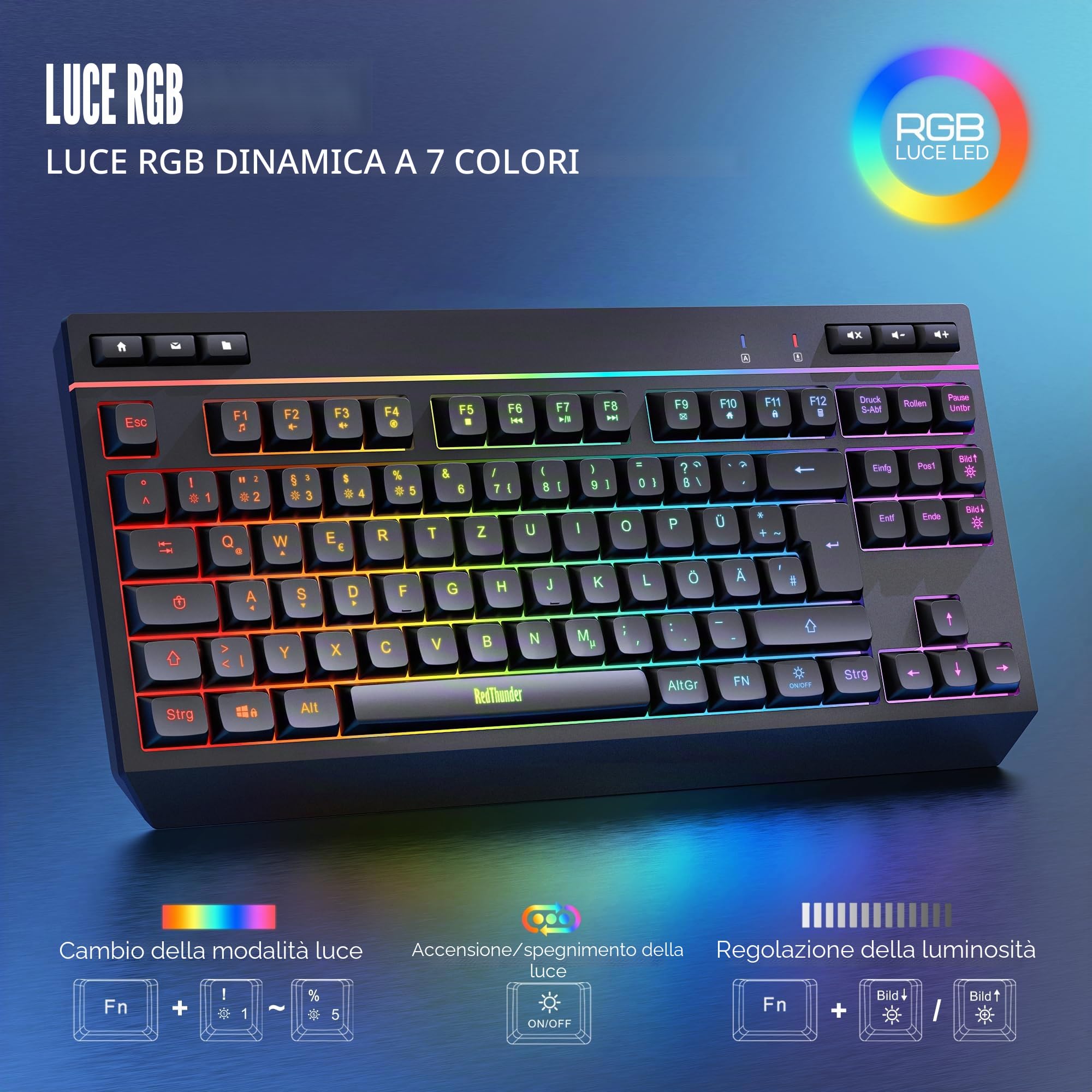 RedThunder Set Tastiera e Mouse Wireless Nero QWERTZ RGB