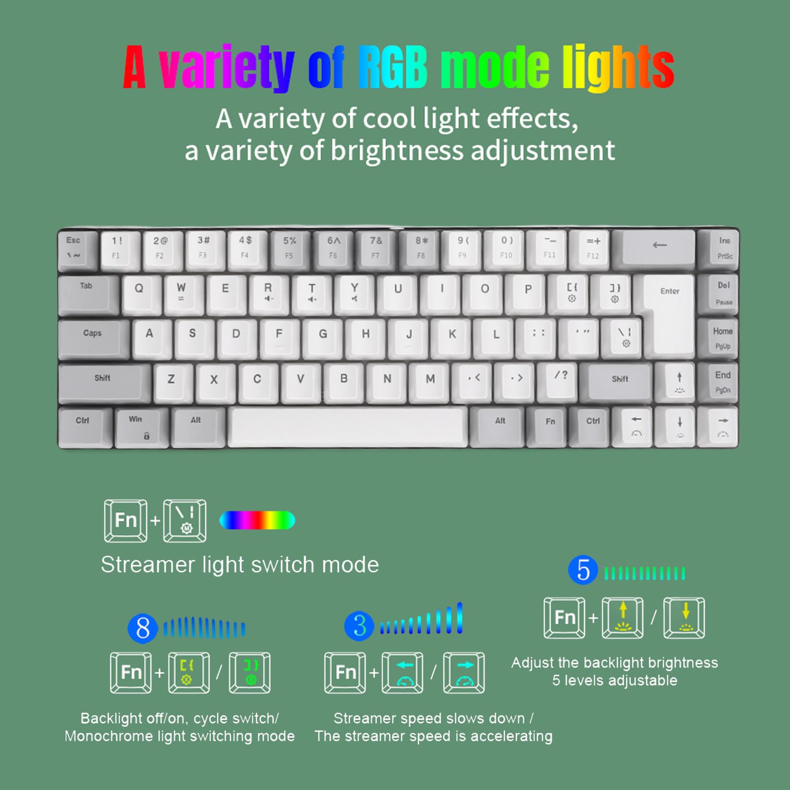 Elprico tastiera gaming 68 tasti RGB bianco grigio USB anti-ghost