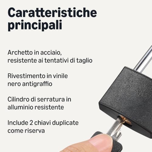 Amazon Basics Lucchetto arco lungo 4,3 cm nero 2 chiavi