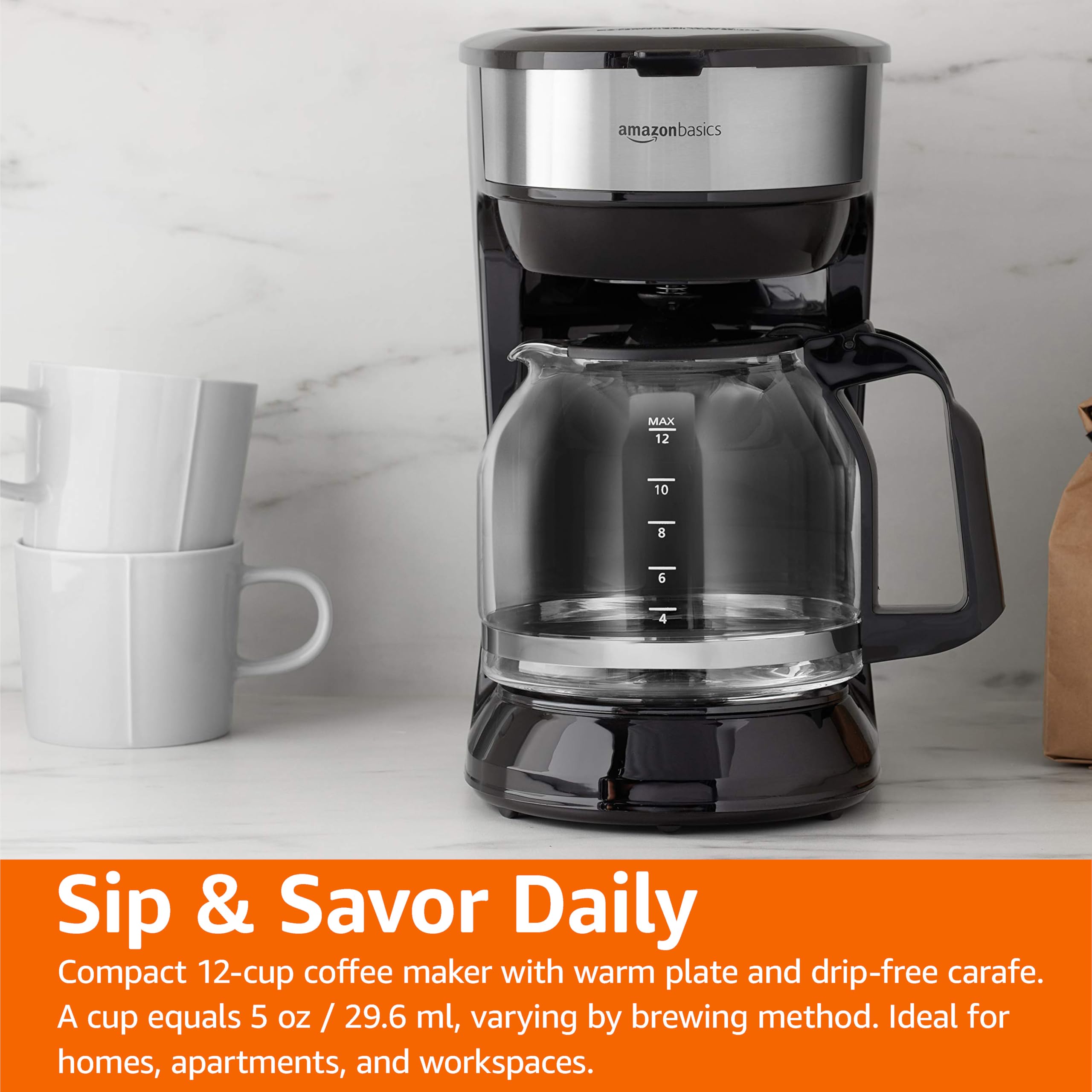 Amazon Basics Caffettiera 12 Tazze Acciaio Nero Filtro