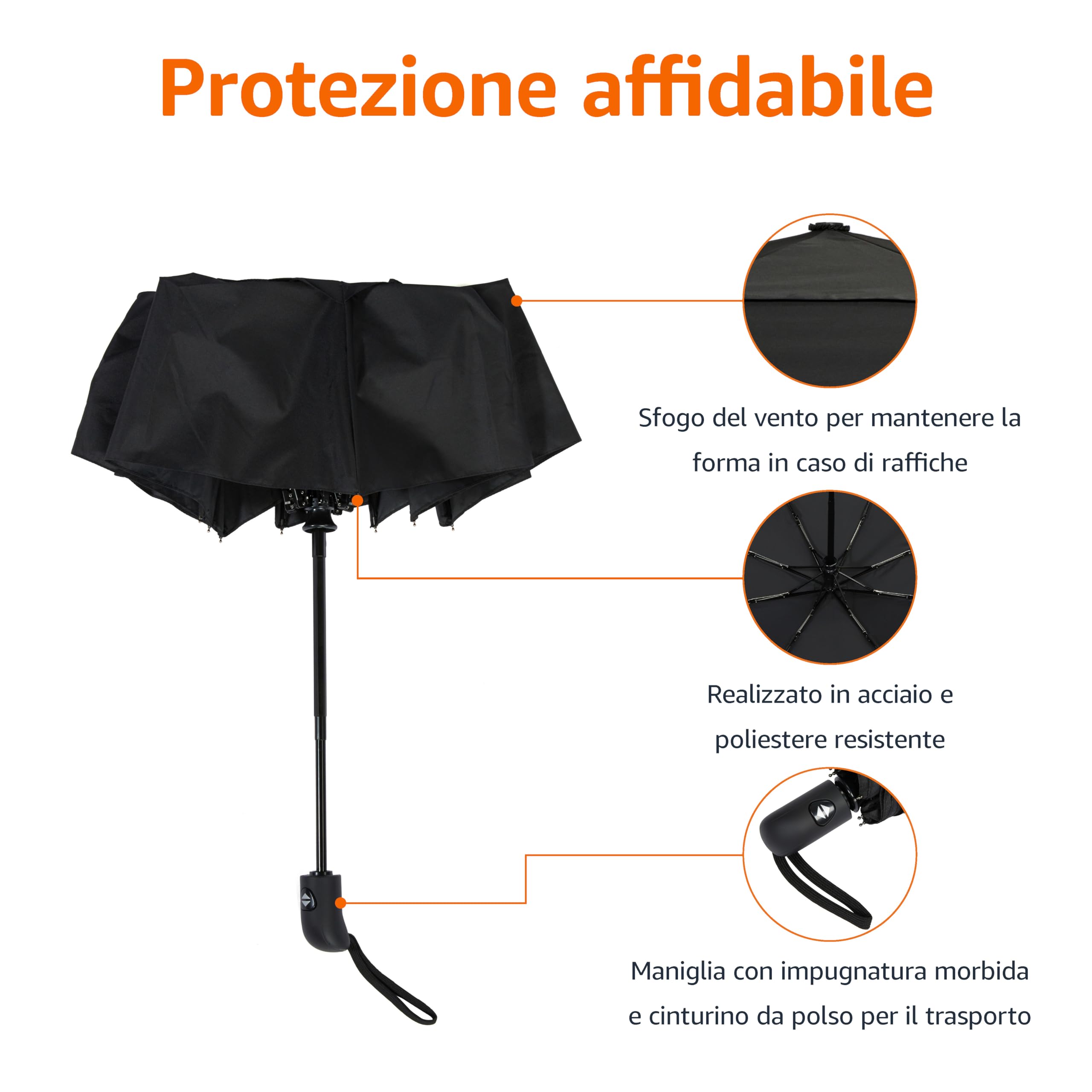 AmazonBasics Ombrello Viaggio Automatico Antivento Nero 98 cm