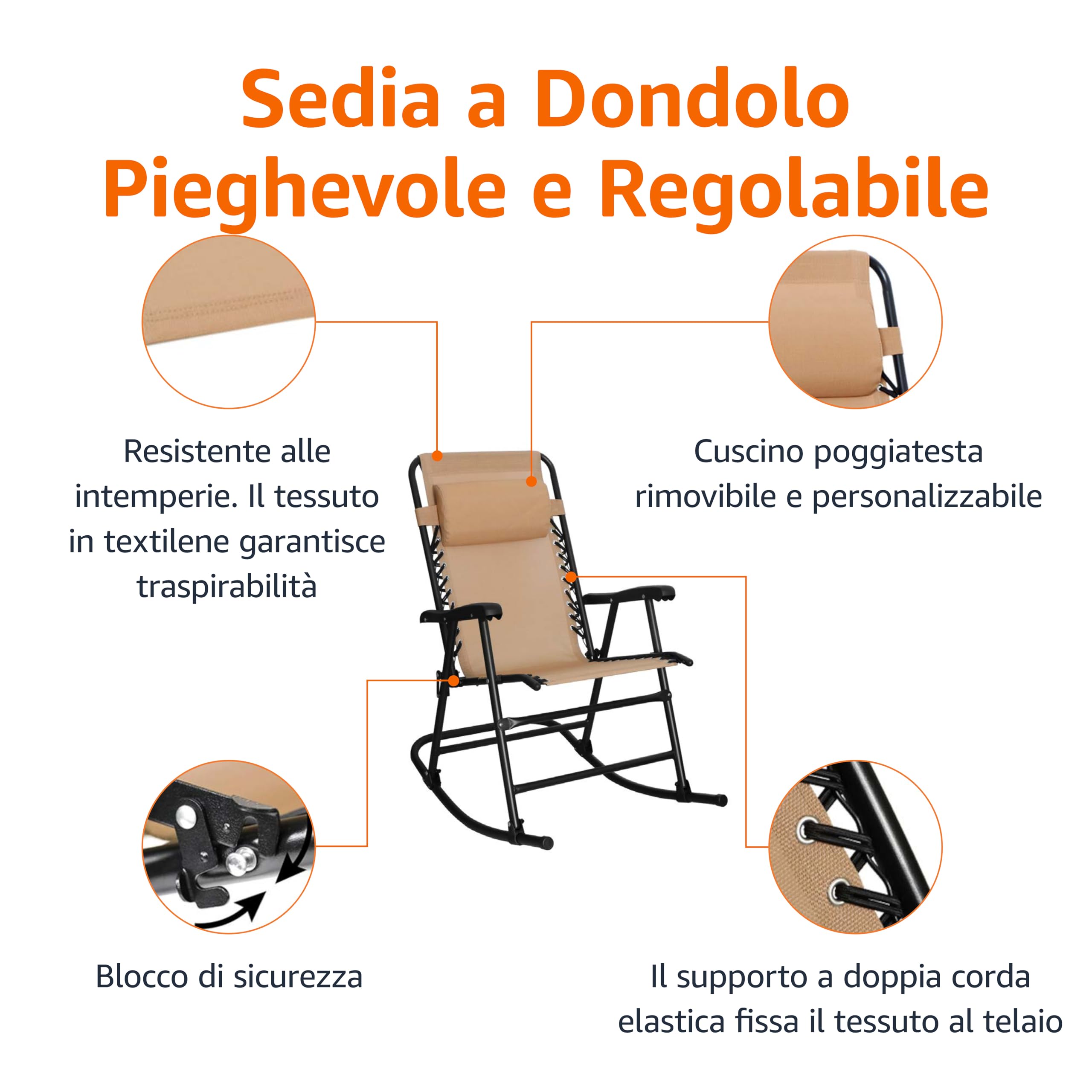 Amazon Basics Sedia a Dondolo Pieghevole Beige 98x95x66