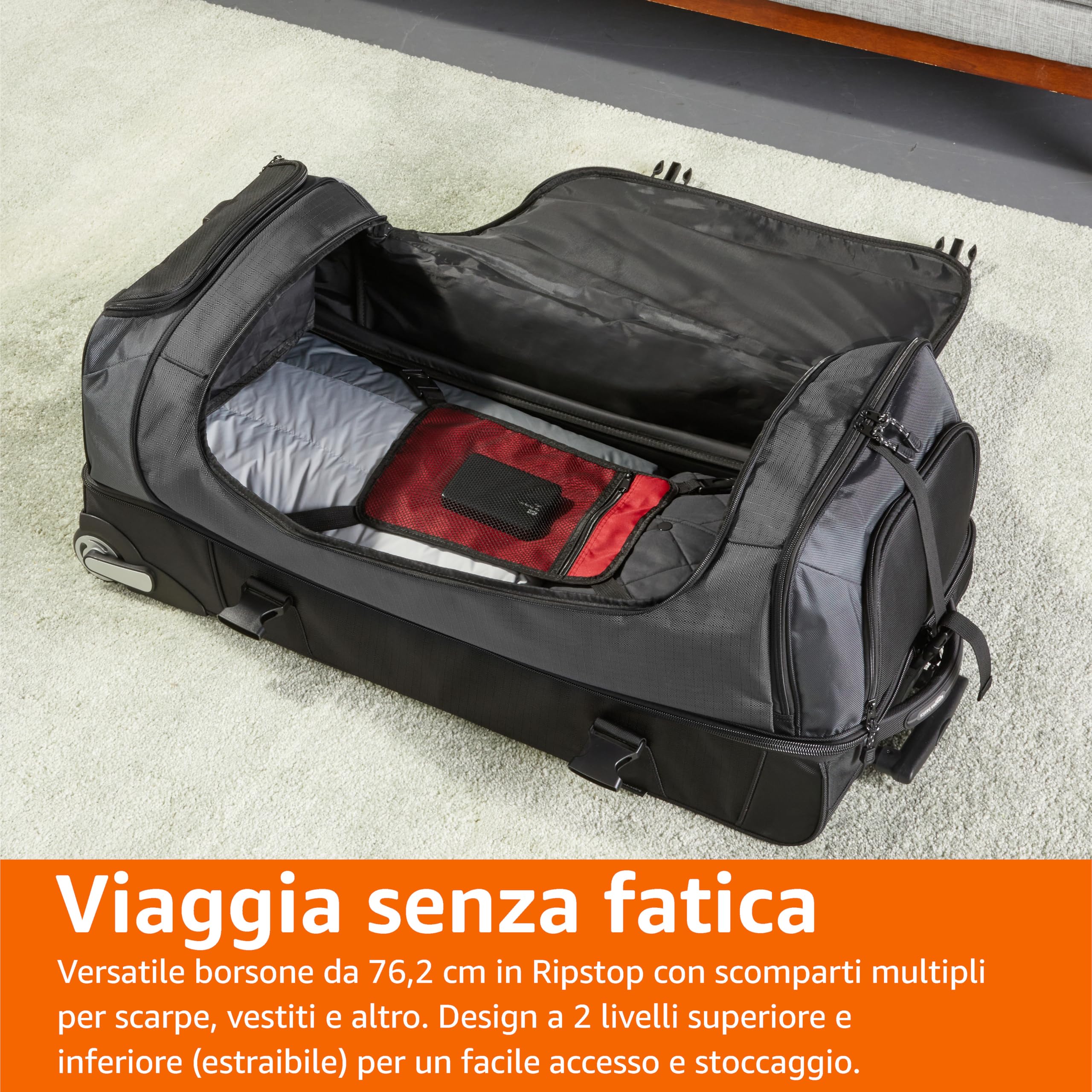 Amazon Basics Borsone con Ruote Medio 105L trolley nero