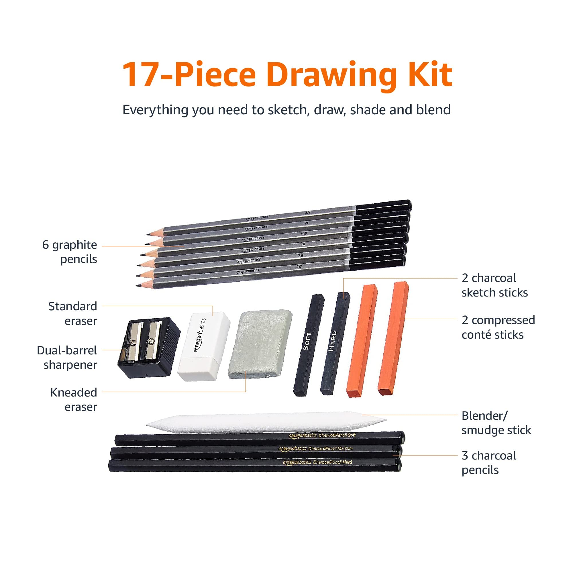 Amazon Basics Set Disegno Carboncino 17 pezzi grafite e carboncini
