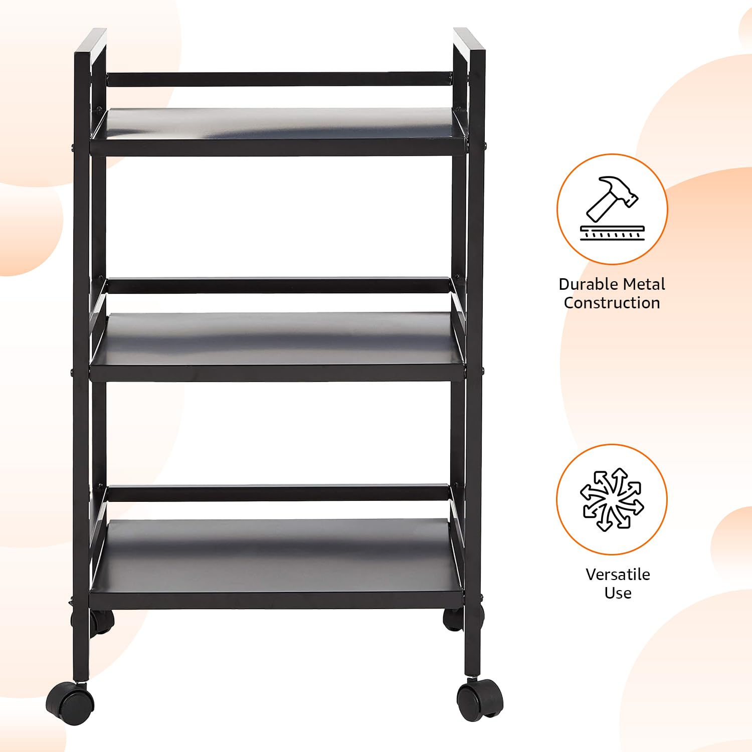 AmazonBasics Carrello 3 Ripiani Portaoggetti Metallo Nero Ruote