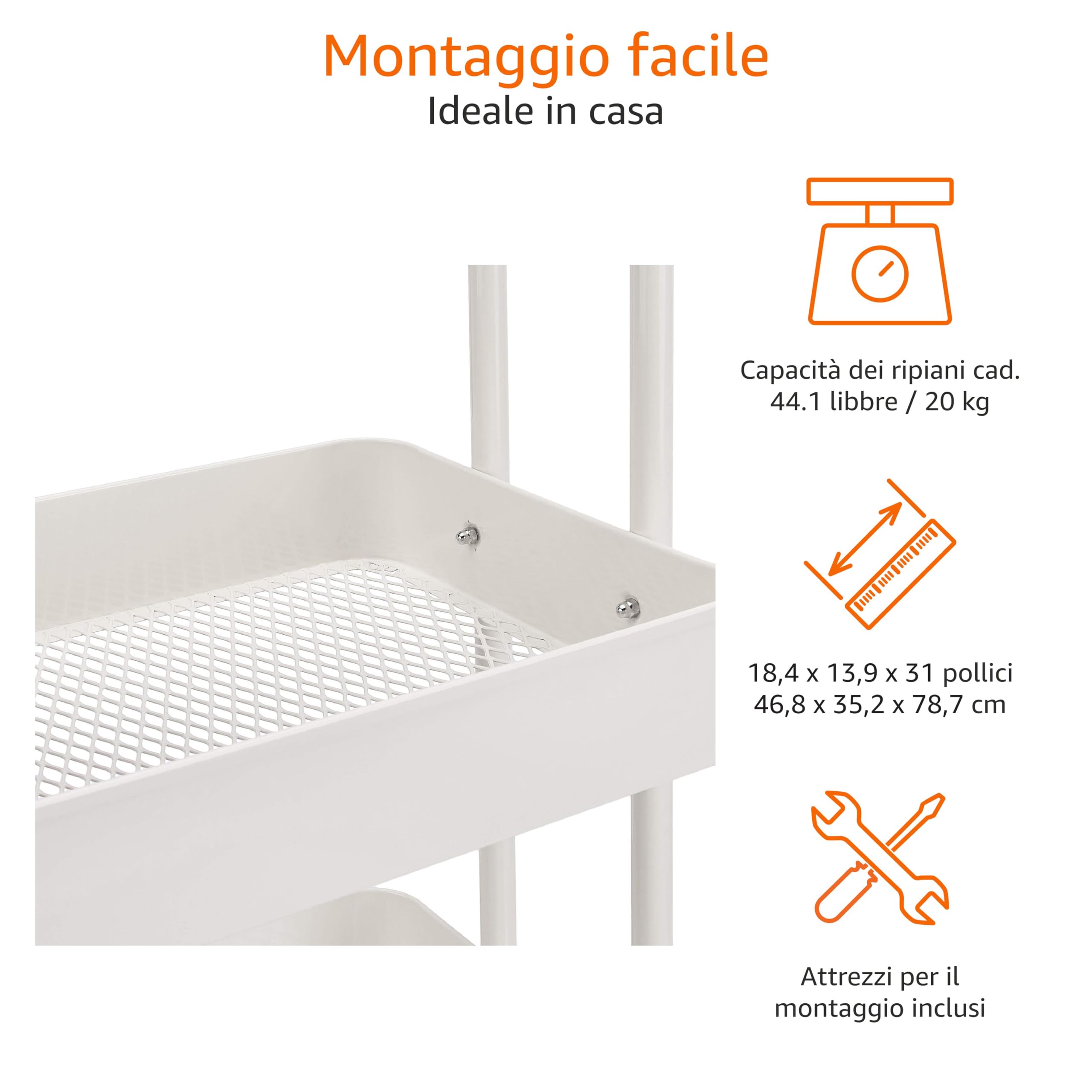 Amazon Basics Carrello 3 Ripiani con Ruote Bianco Cucina