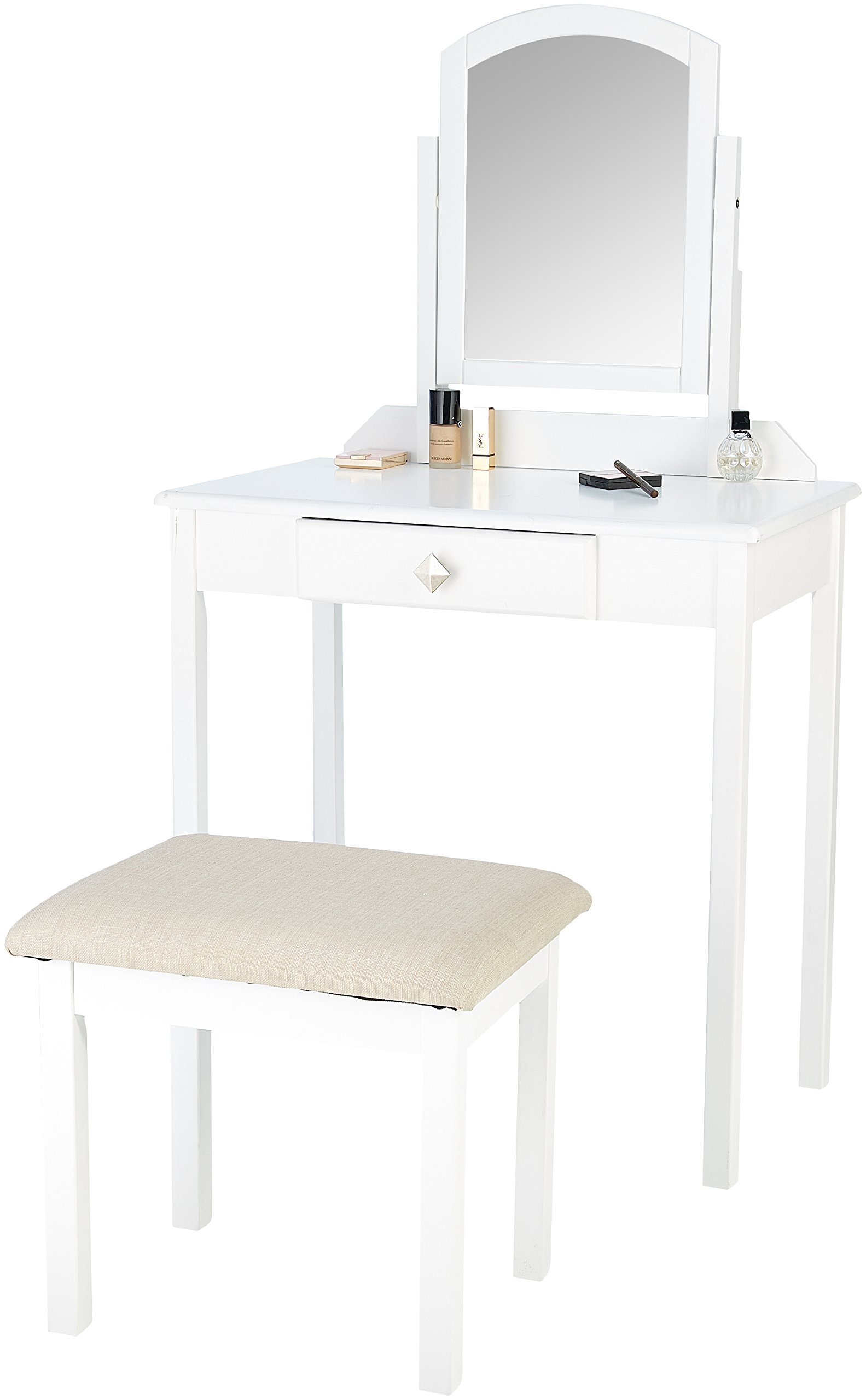 Amazon Basics Set Tavolo Toeletta Bianco con Sgabello e Specchio