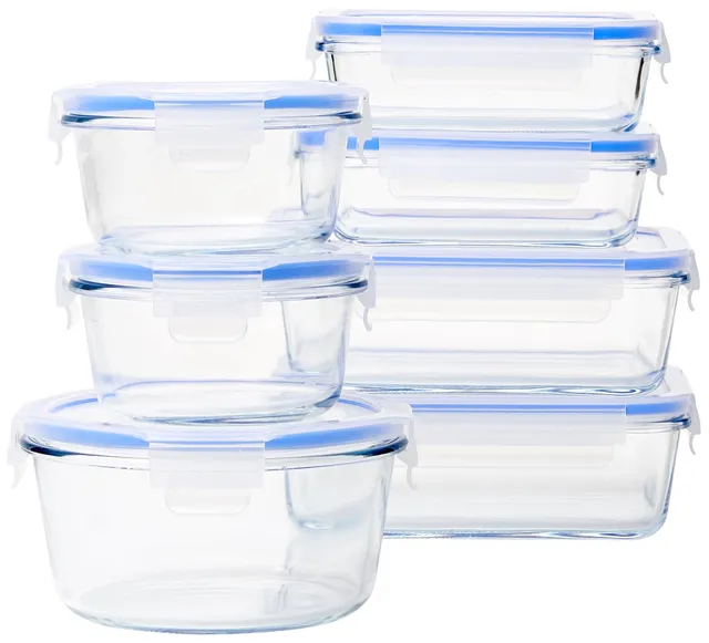 Amazon Basics Contenitori Vetro Ermetici 14 Pezzi 7+7 Coperchi Blu