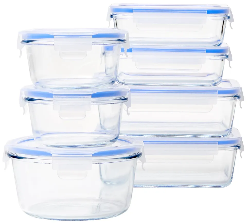 Amazon Basics Contenitori Vetro Ermetici 14 Pezzi 7+7 Coperchi Blu