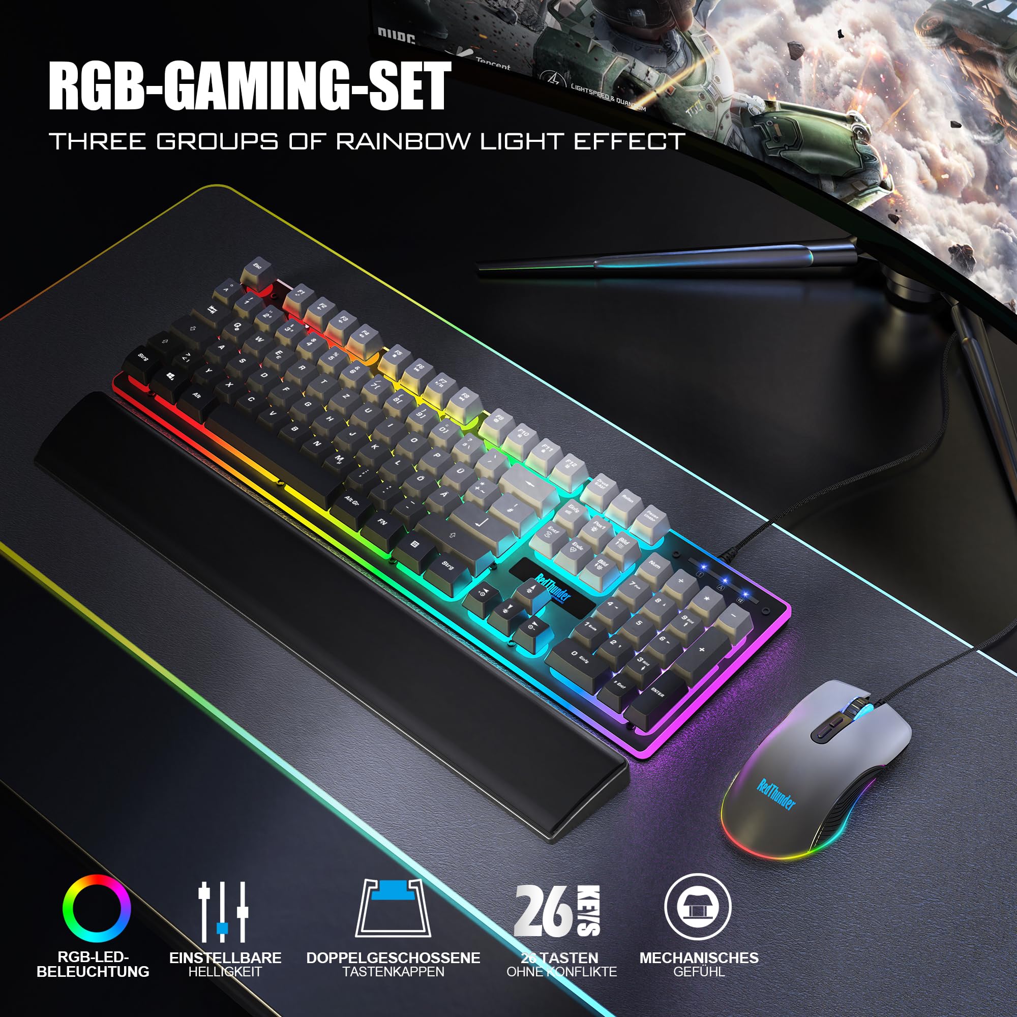 RedThunder K10 kit tastiera e mouse gaming grigio gradiente ergonomico