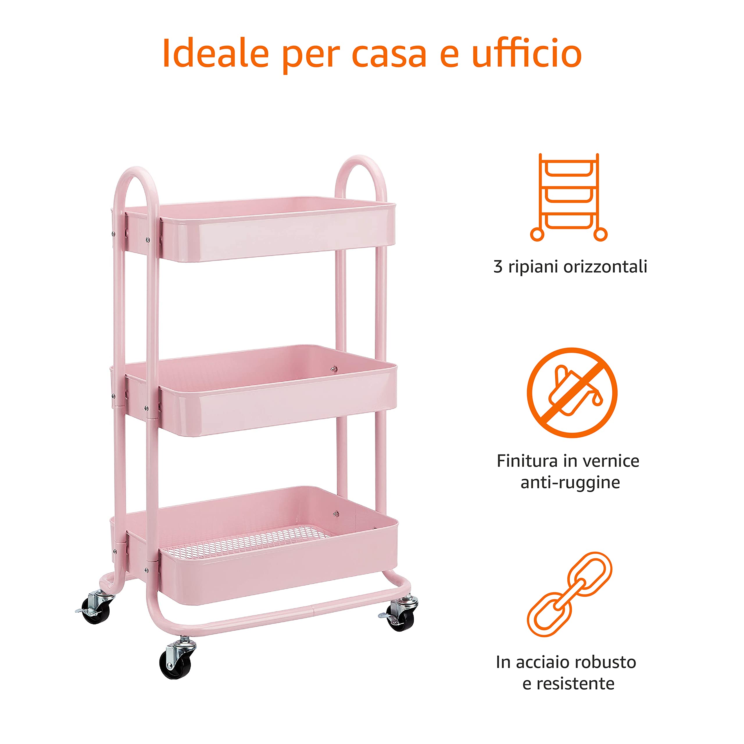 Amazon Basics Carrello 3 Ripiani con Ruote Rosa Antico Metallo