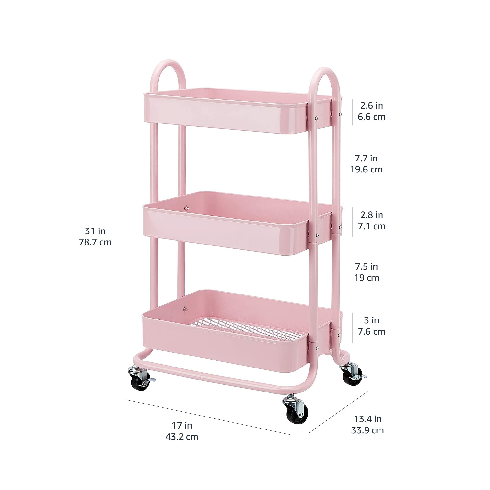 Amazon Basics Carrello 3 Ripiani con Ruote Rosa Antico Metallo