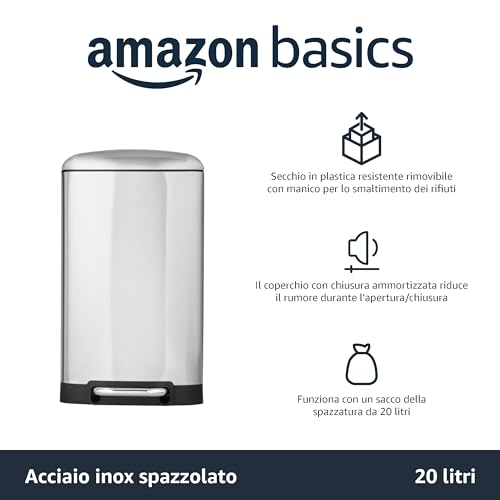 AmazonBasics Pattumiera Rettangolare 20 L Argento Acciaio Inox