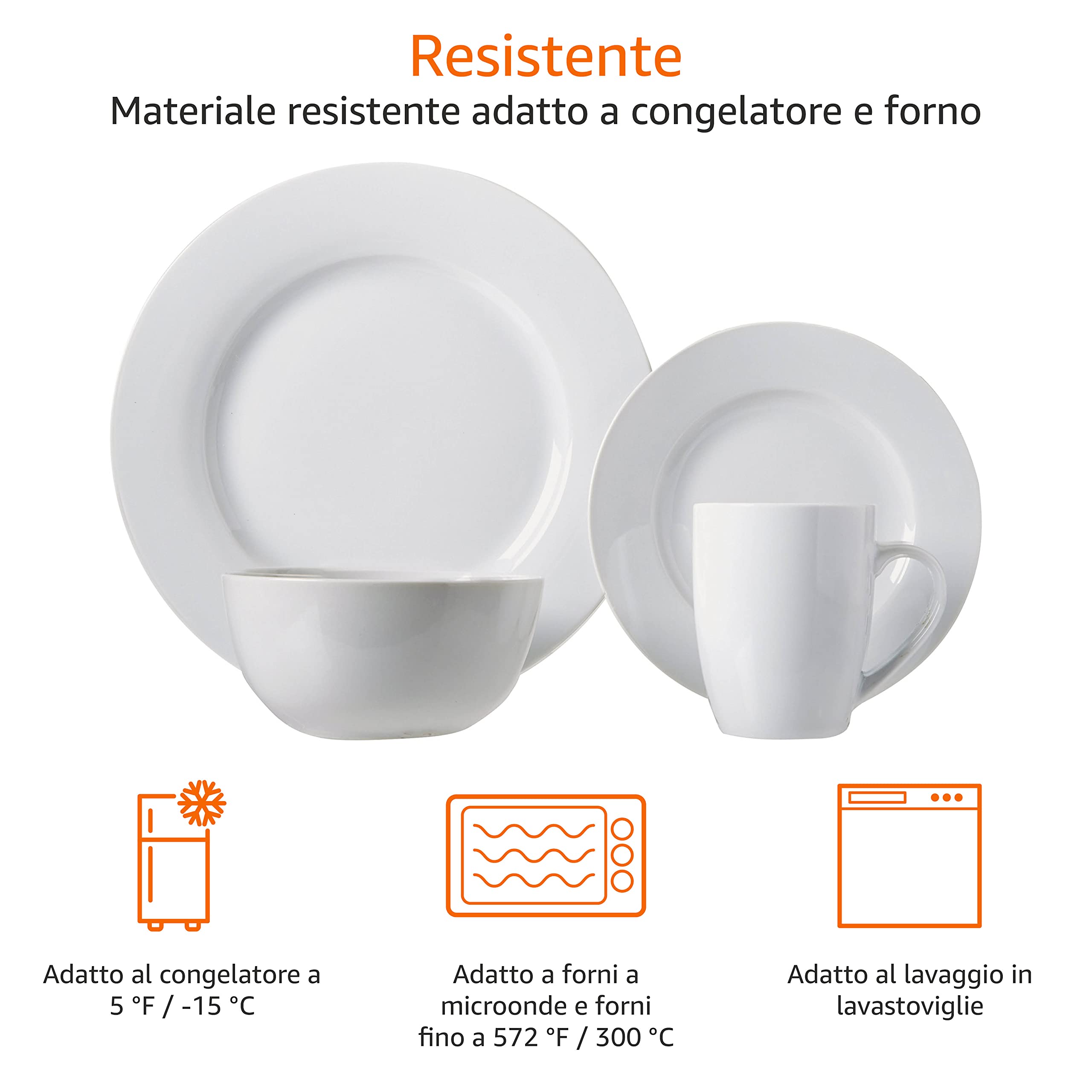 Amazon Basics Set Stoviglie 16 Pezzi Porcellana Bianco