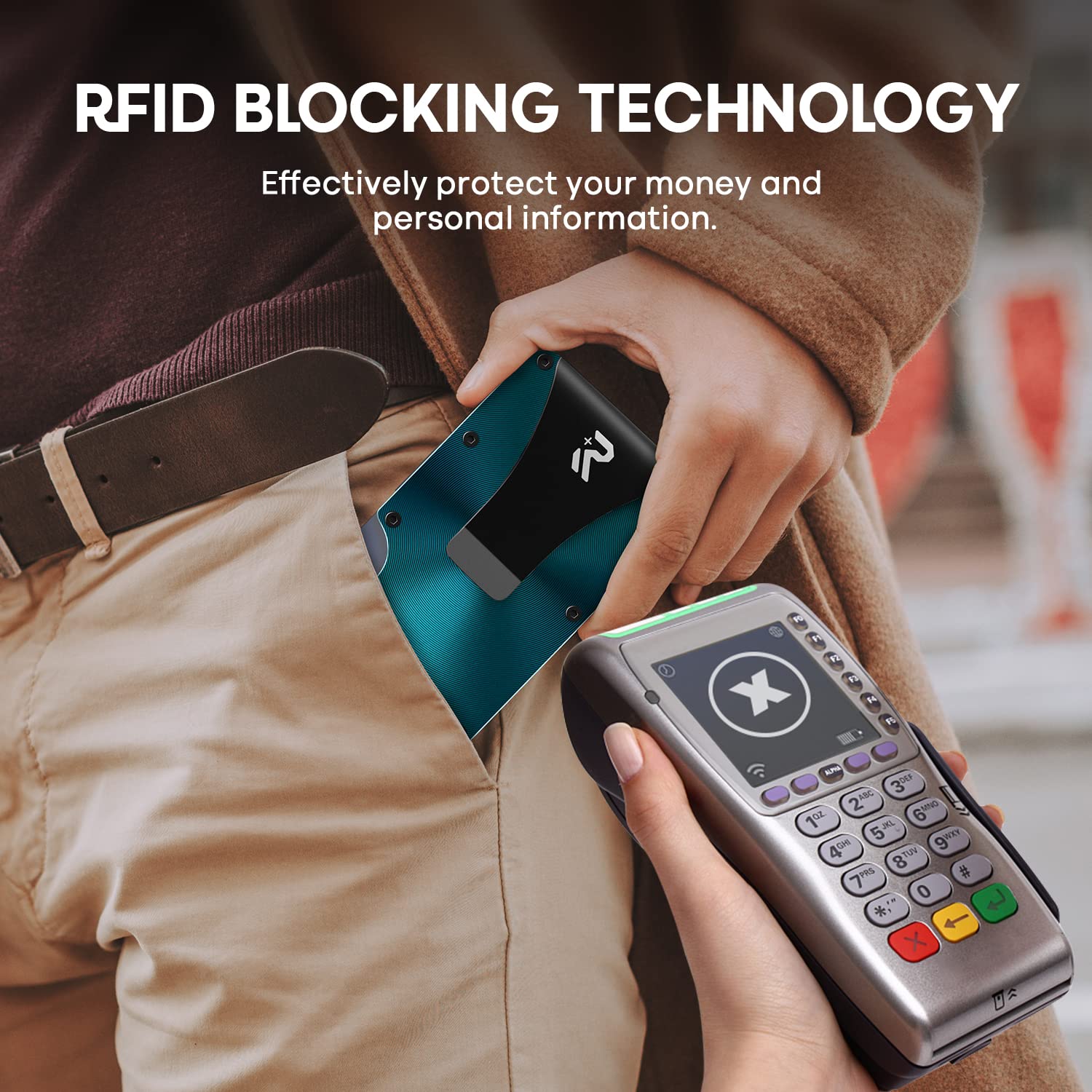 RealPlus Porta carte metallico RFID blu pavone 12 carte