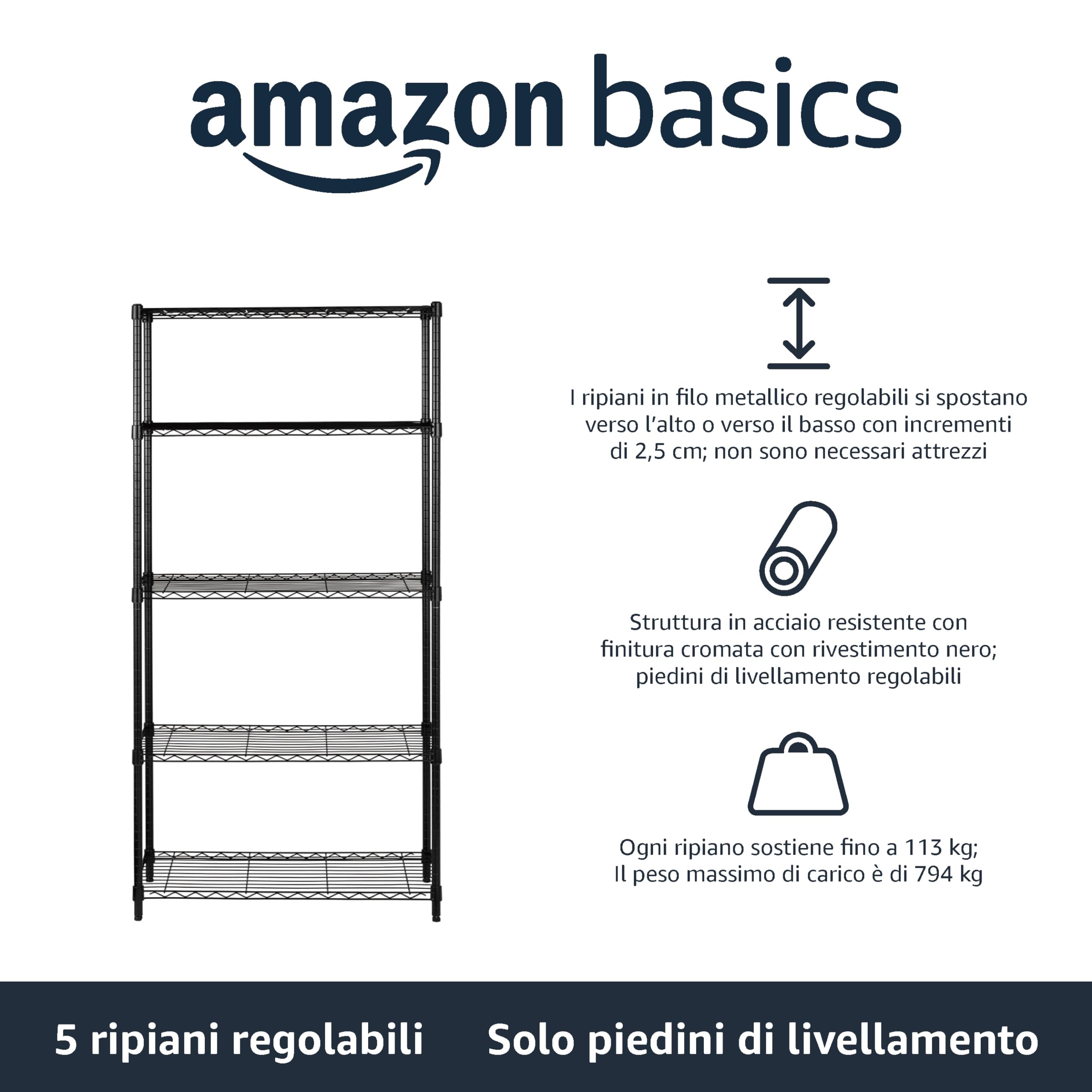 Amazon Basics Scaffale 5 Ripiani 36x91x183 cm Nero 795 kg