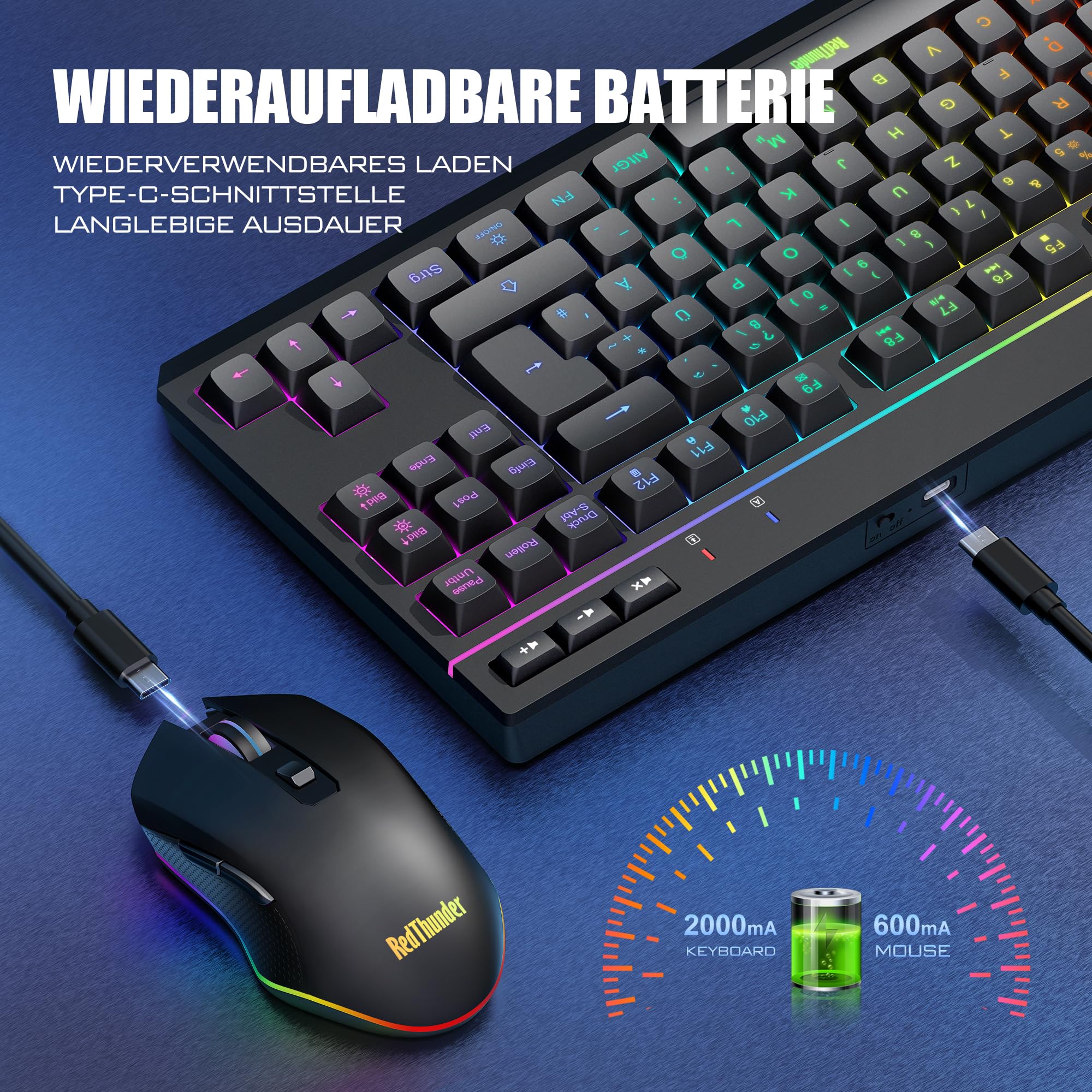 RedThunder Set Tastiera e Mouse Wireless Nero QWERTZ RGB