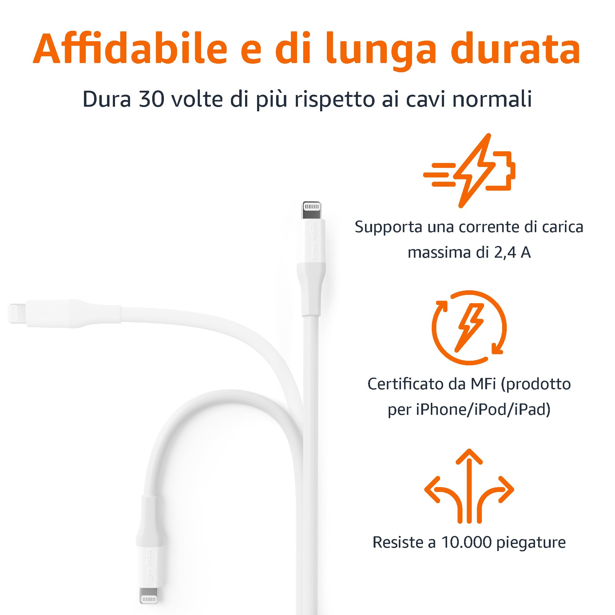 AmazonBasics cavo USB-C Lightning 3 m bianco ricarica rapida