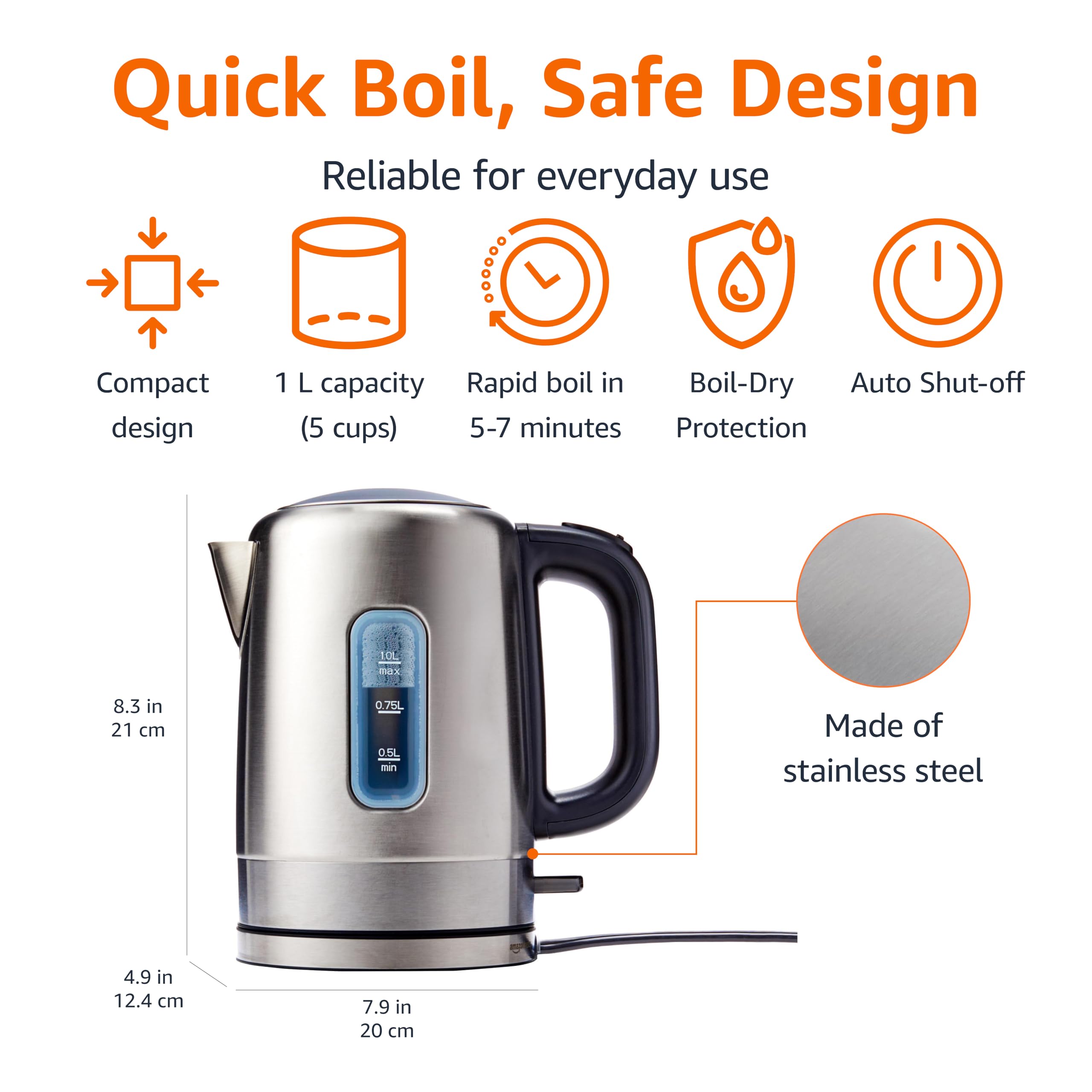 Amazon Basics Bollitore elettrico 1 L nero acciaio
