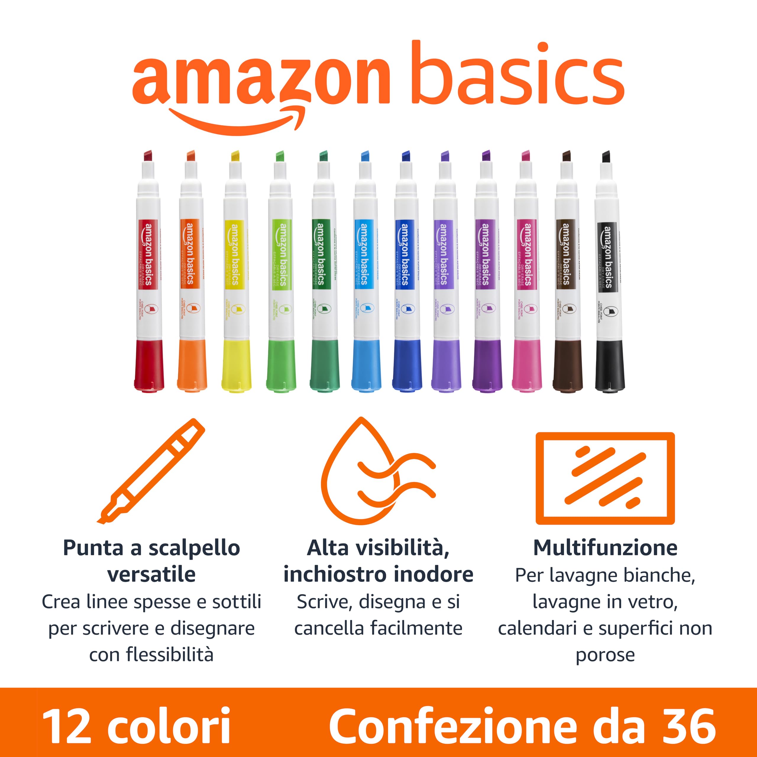 Amazon Basics Pennarelli Lavagna Bianca 12 Colori x36 Punta a Scalpello