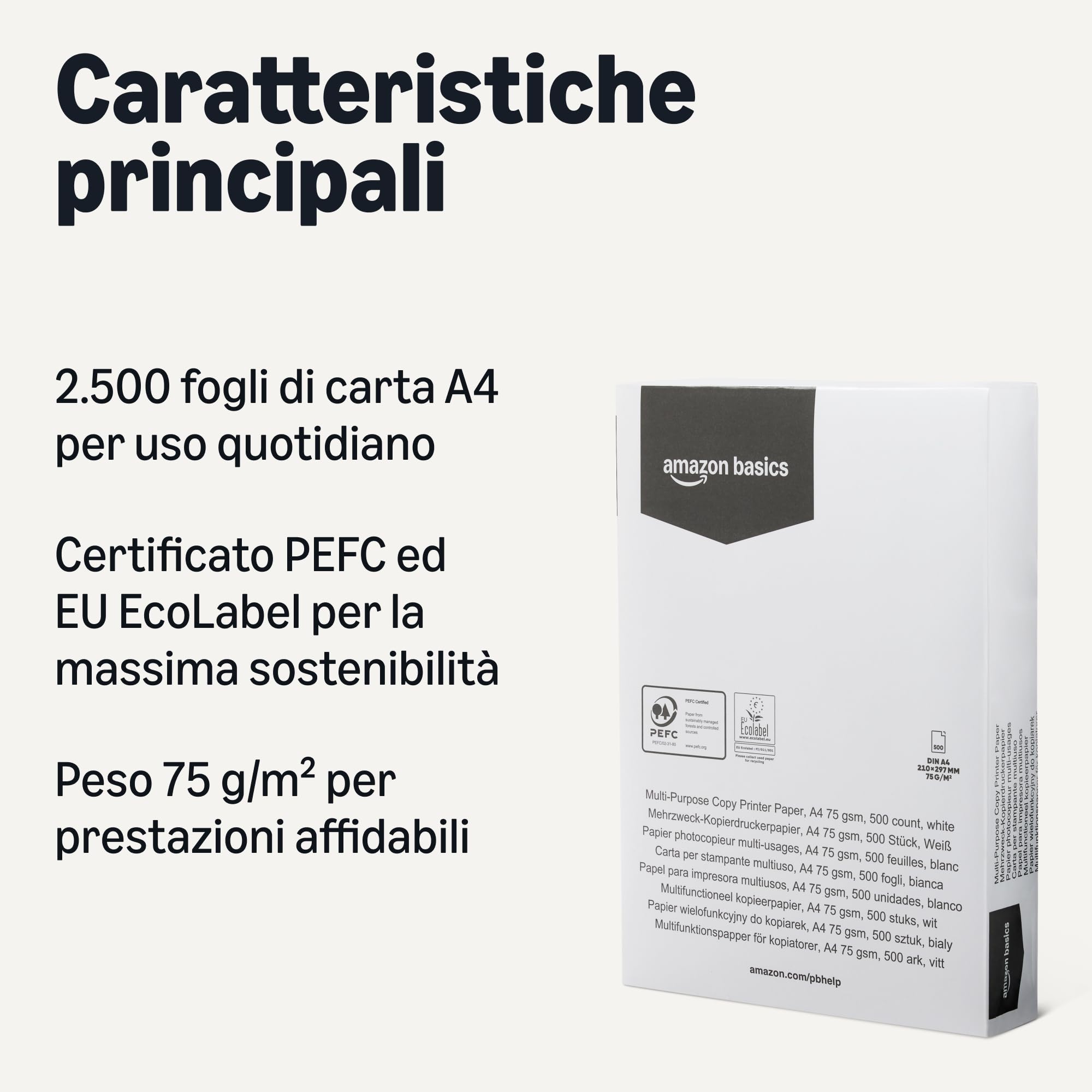 Amazon Basics carta A4 75 g/mq bianca 2500 fogli 5 risme