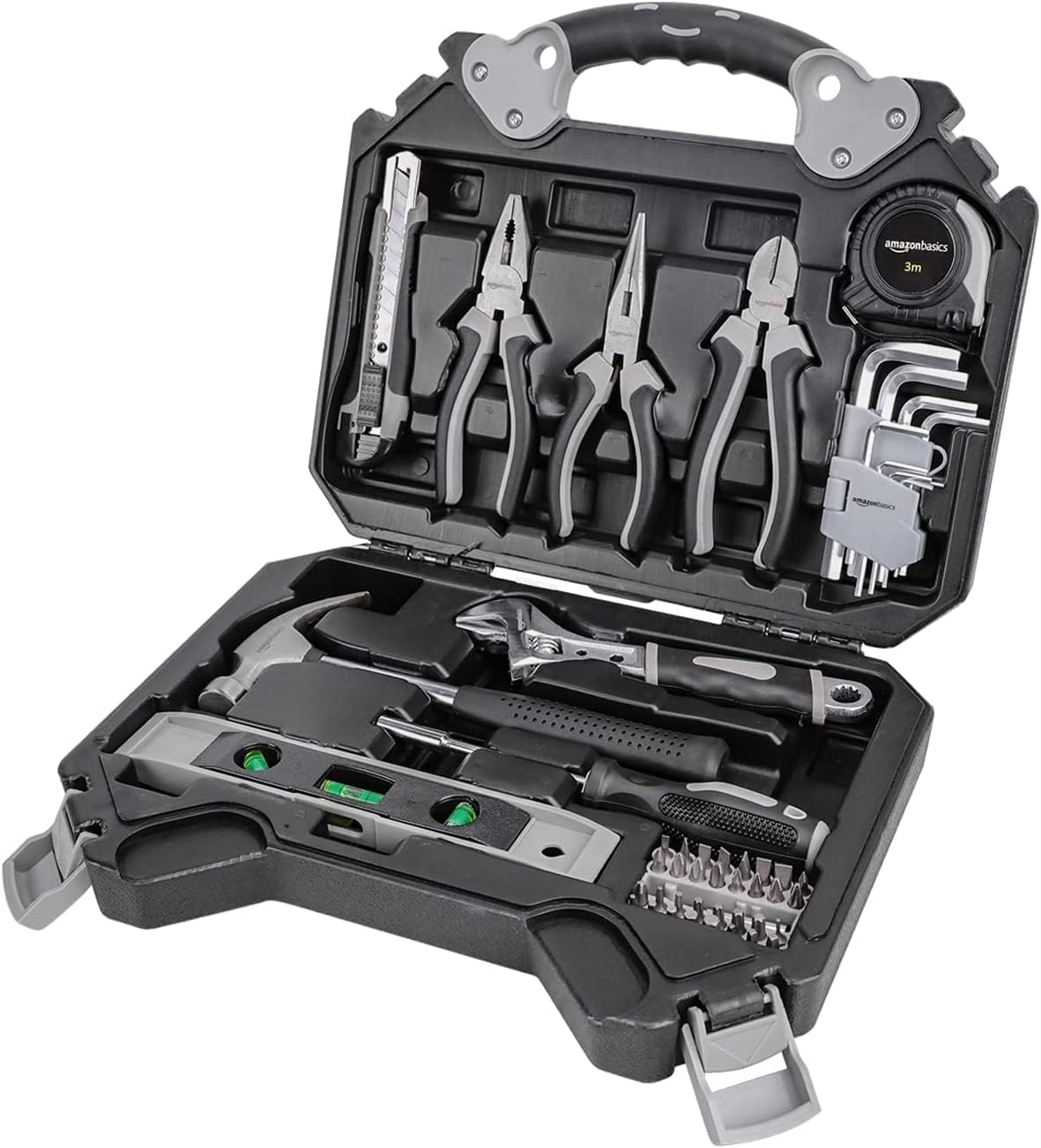 AmazonBasics Set Utensili Casa 32 Pezzi Nero Grigio Acciaio