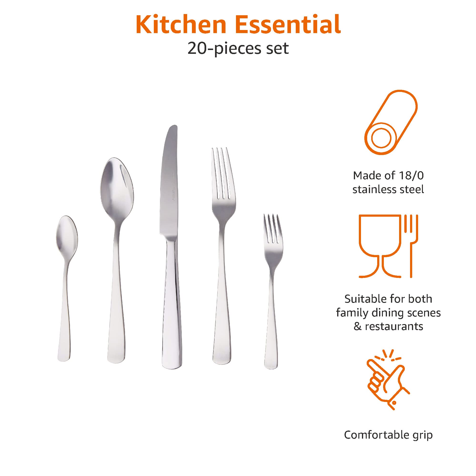 Amazon Basics Servizio Tavola 16 Piatti + 20 Posate per 4 Bianco