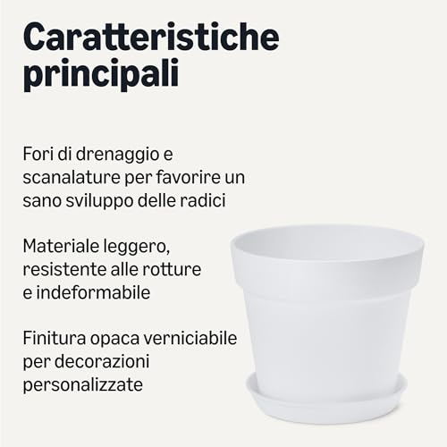 Amazon Basics Vaso per Piante Bianco 14 cm con Sottovaso