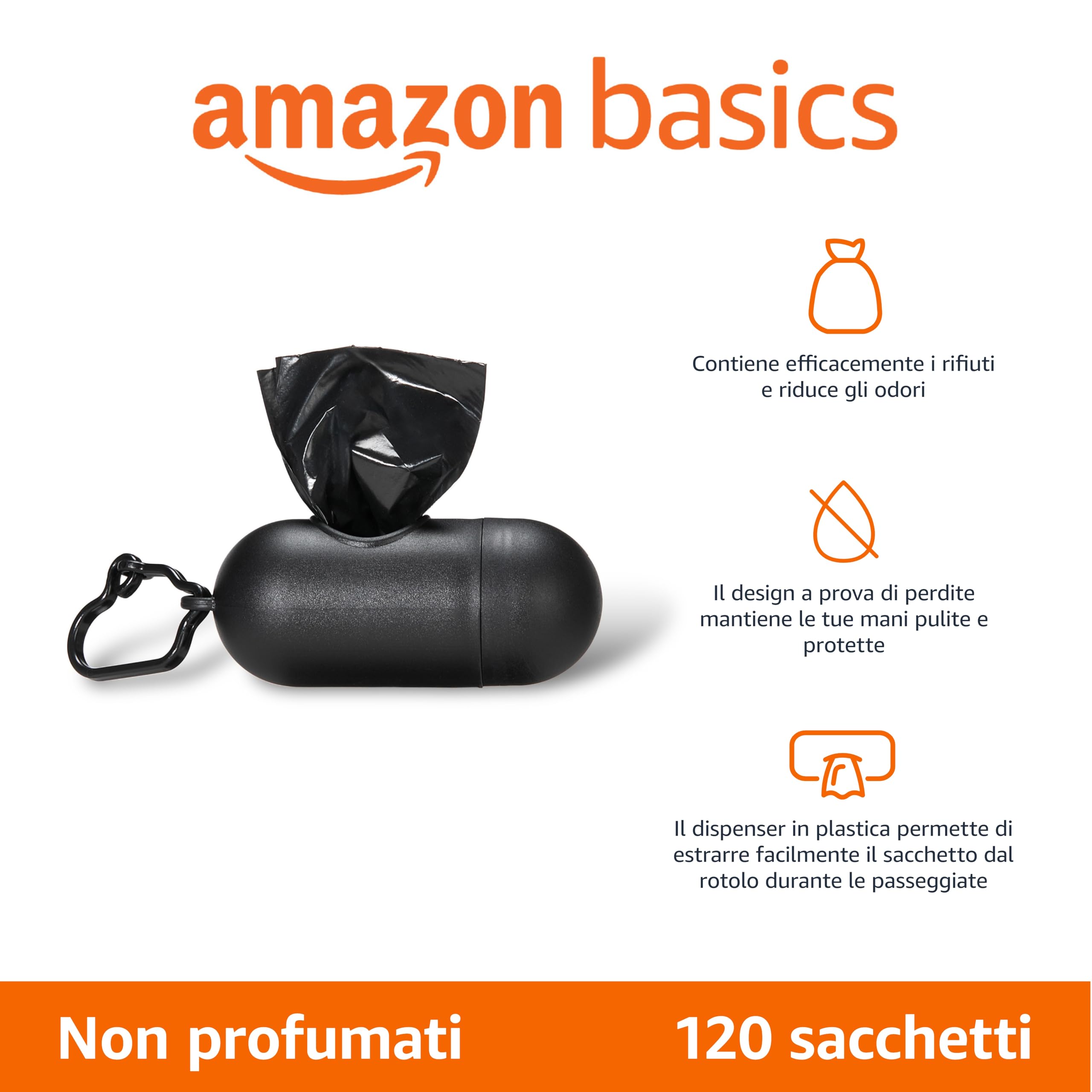 Amazon Basics Sacchetti Deiezioni Cane Neri 120 Pezzi Impermeabili