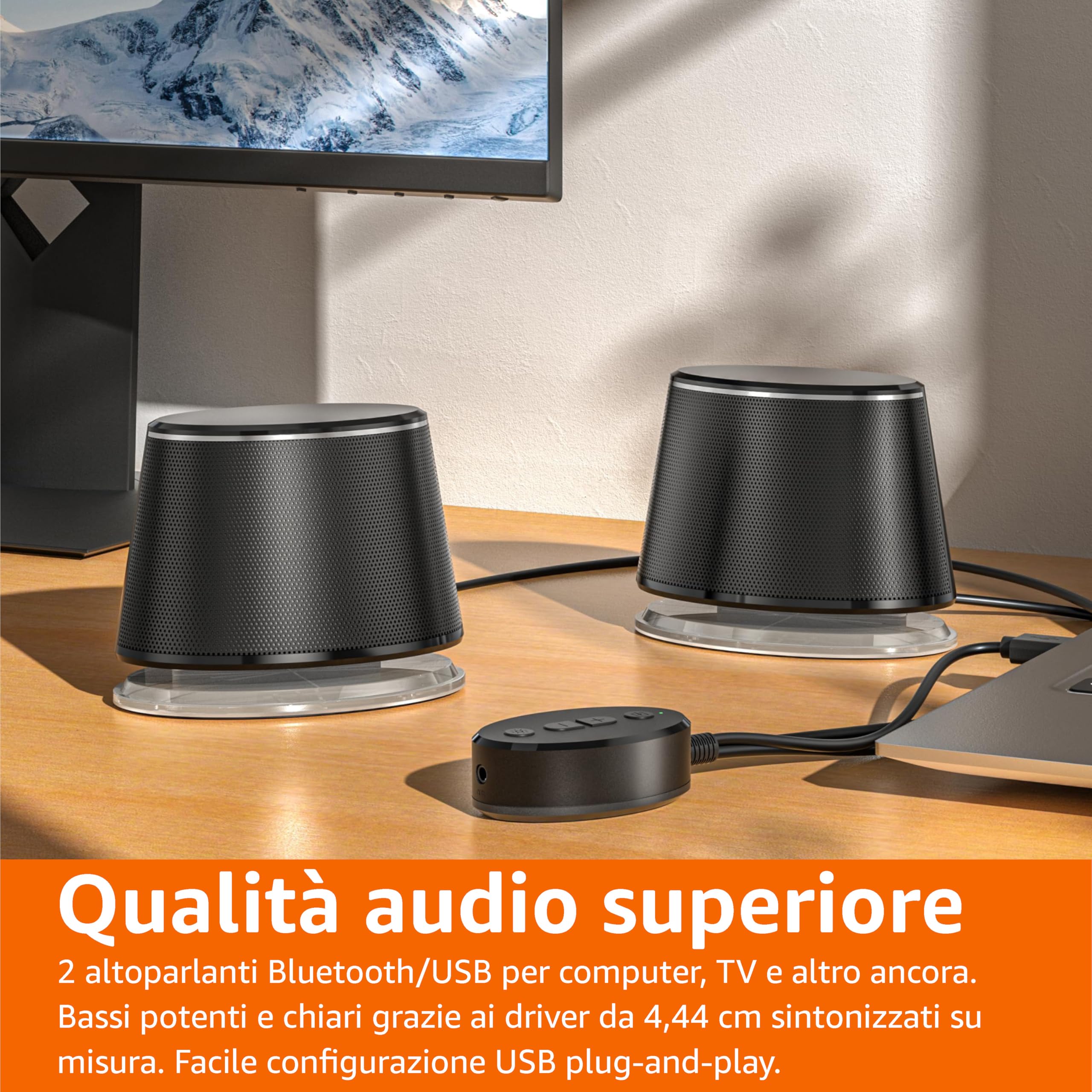 AmazonBasics Altoparlanti PC Bluetooth USB Grandi Neri LED Blu
